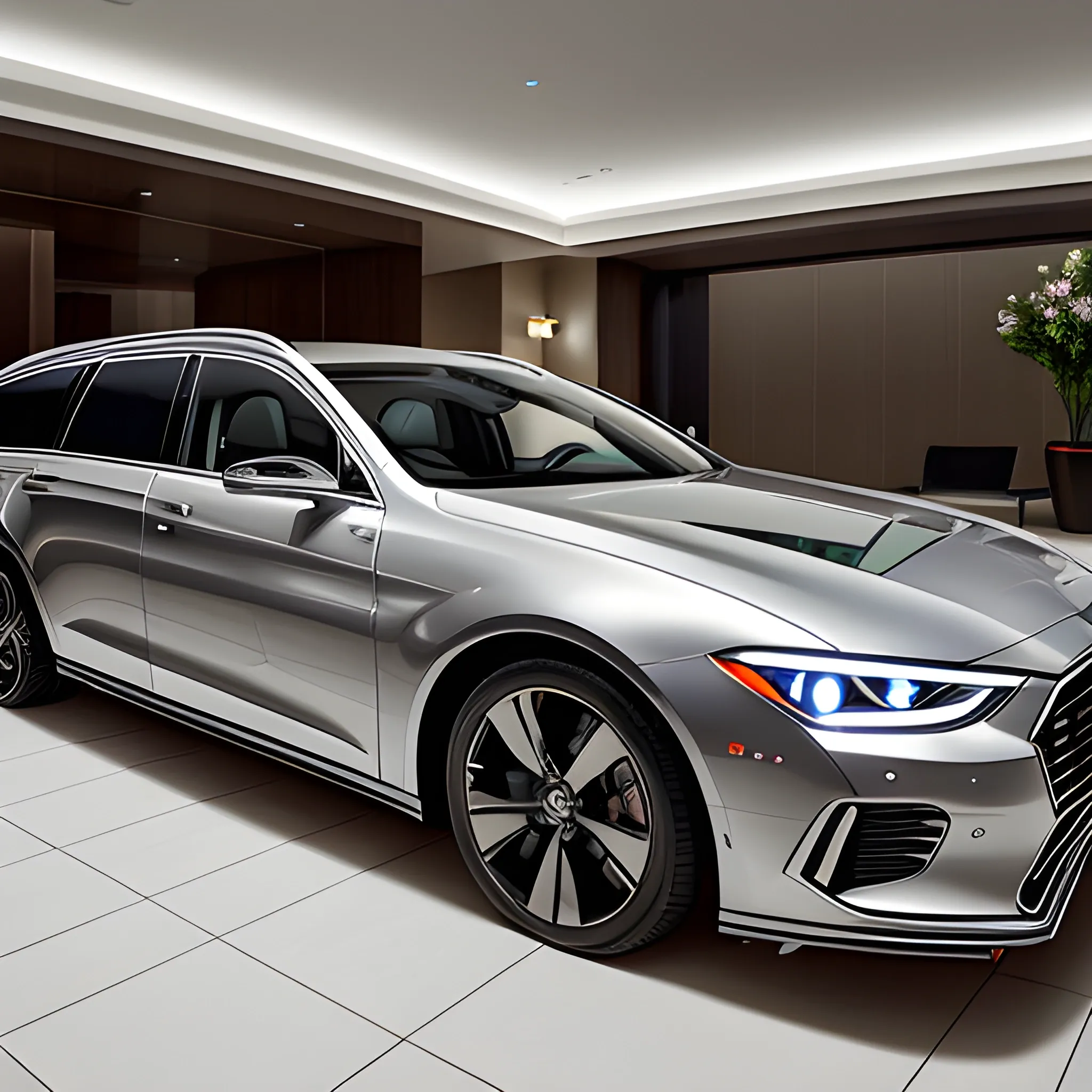 A silver, sleek Anstation wagon was parked at the entrance of the 5-star hotel，Style like photography，Modern situation



