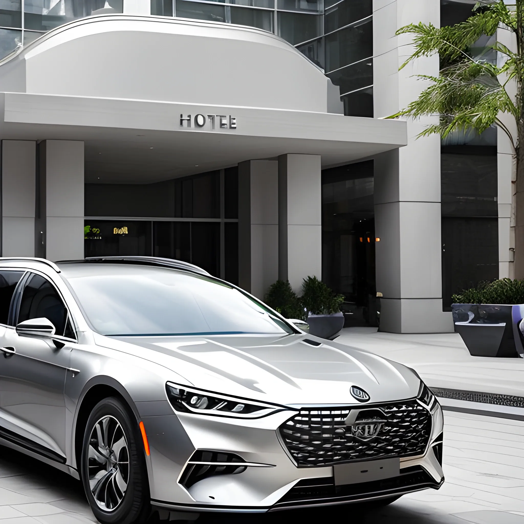 From a distance，A silver, sleek Anstation wagon was parked at the entrance of the 5-star hotel，Style like photography，Modern situation



