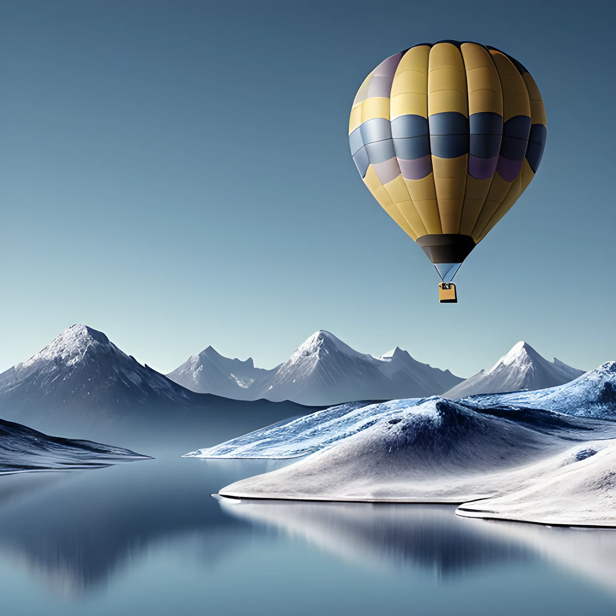 The image depicts a serene and peaceful landscape, featuring a hot air balloon floating in the sky above a range of snow-capped mountains. The mountains are depicted in a realistic style, with rugged and rocky textures and an array of blue and gray shades. In the foreground, there is a calm and still lake, reflecting the blue sky and the surrounding mountains. The focal point of the image is the hot air balloon, which is a vibrant shade of blue (#0EA9D4) and has the word "Lornet" clearly visible in white letters on the side. The use of this particular shade of blue adds a sense of brightness and energy to the image, contrasting with the cooler blue and gray tones of the mountains and lake. The overall color palette of the image is dominated by shades of blue and light tones, creating a sense of calm and tranquility., 3D