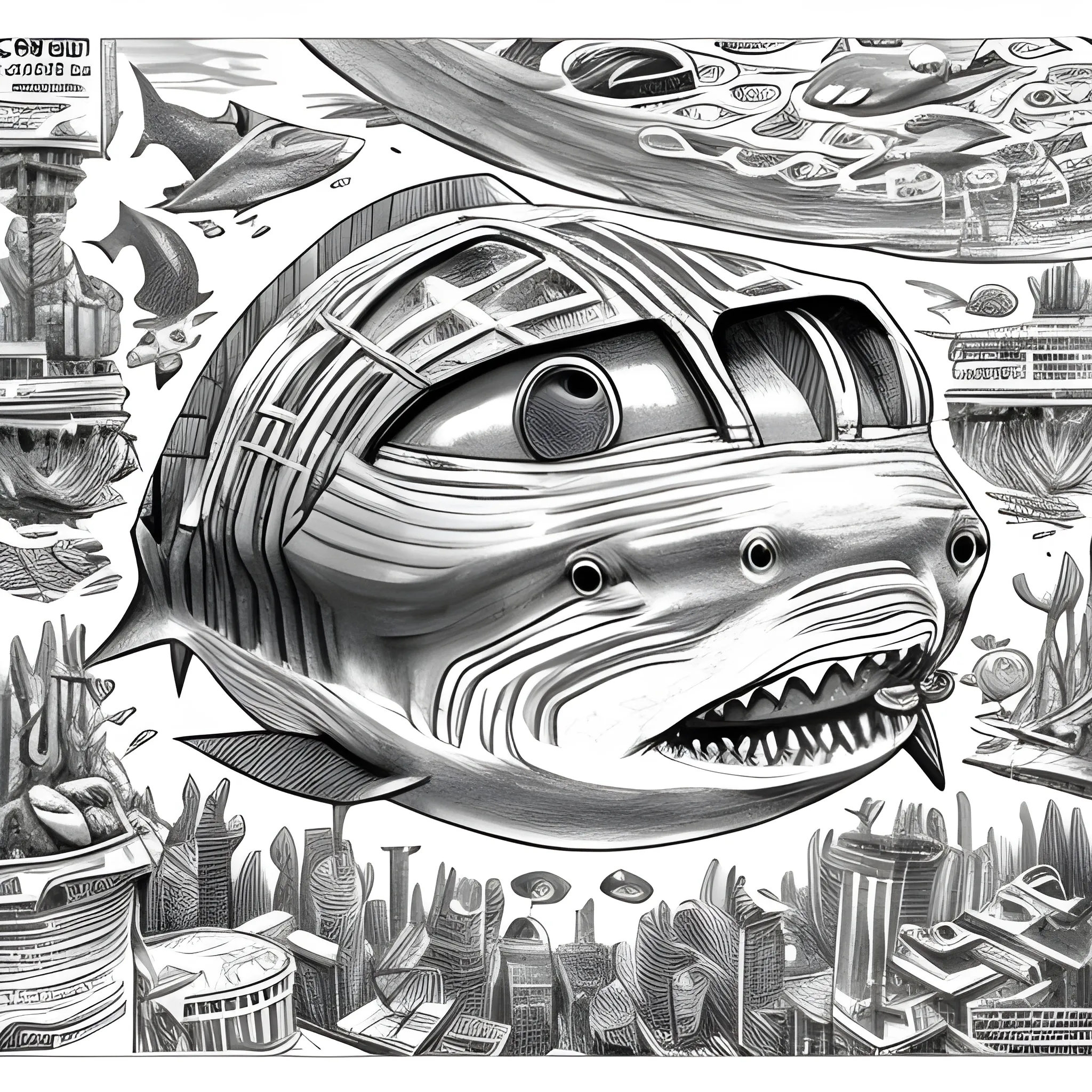 Underwater city, globefish reading news, header at newspaper is about shark in the city and become bigger, Pencil Sketch