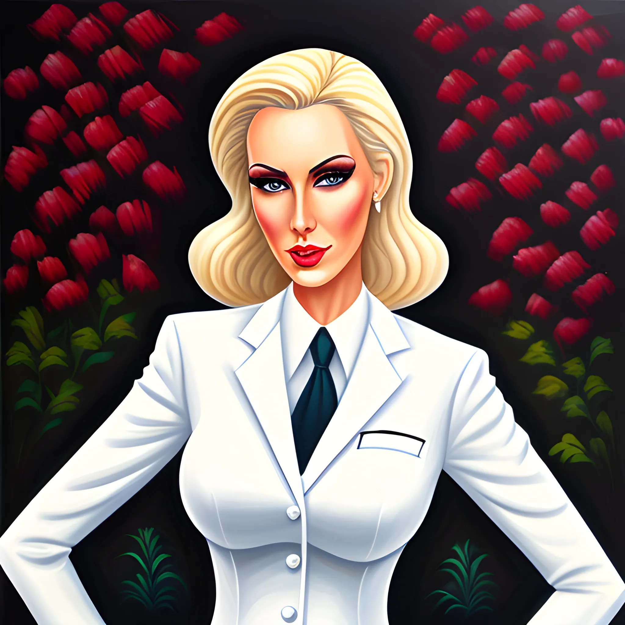 girl blonde 35 years old in a white suit, Cartoon, Oil Painting