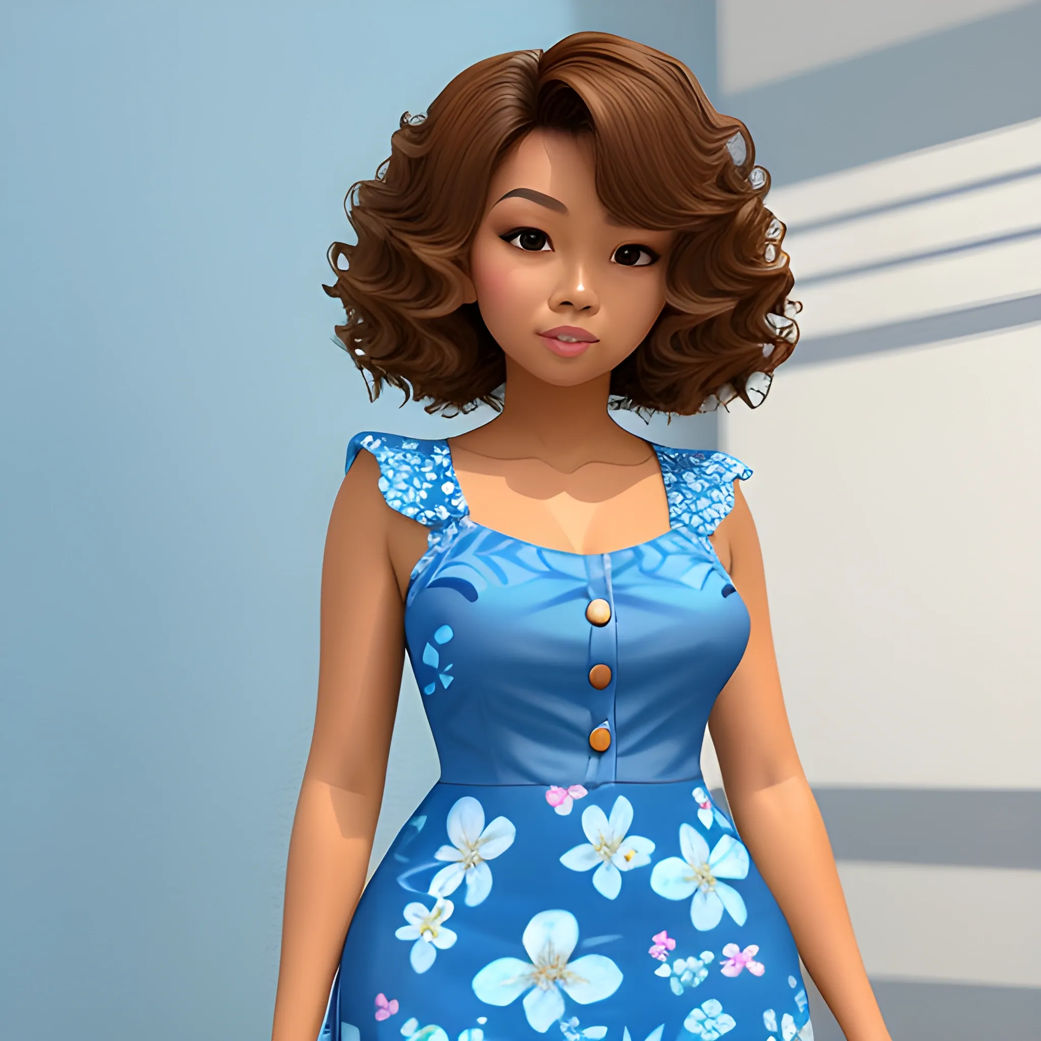 5'4 thick Filipina tanned skin woman with short butterfly curly hair and cute flat button nose in a blue floral Sunday dress, 3D