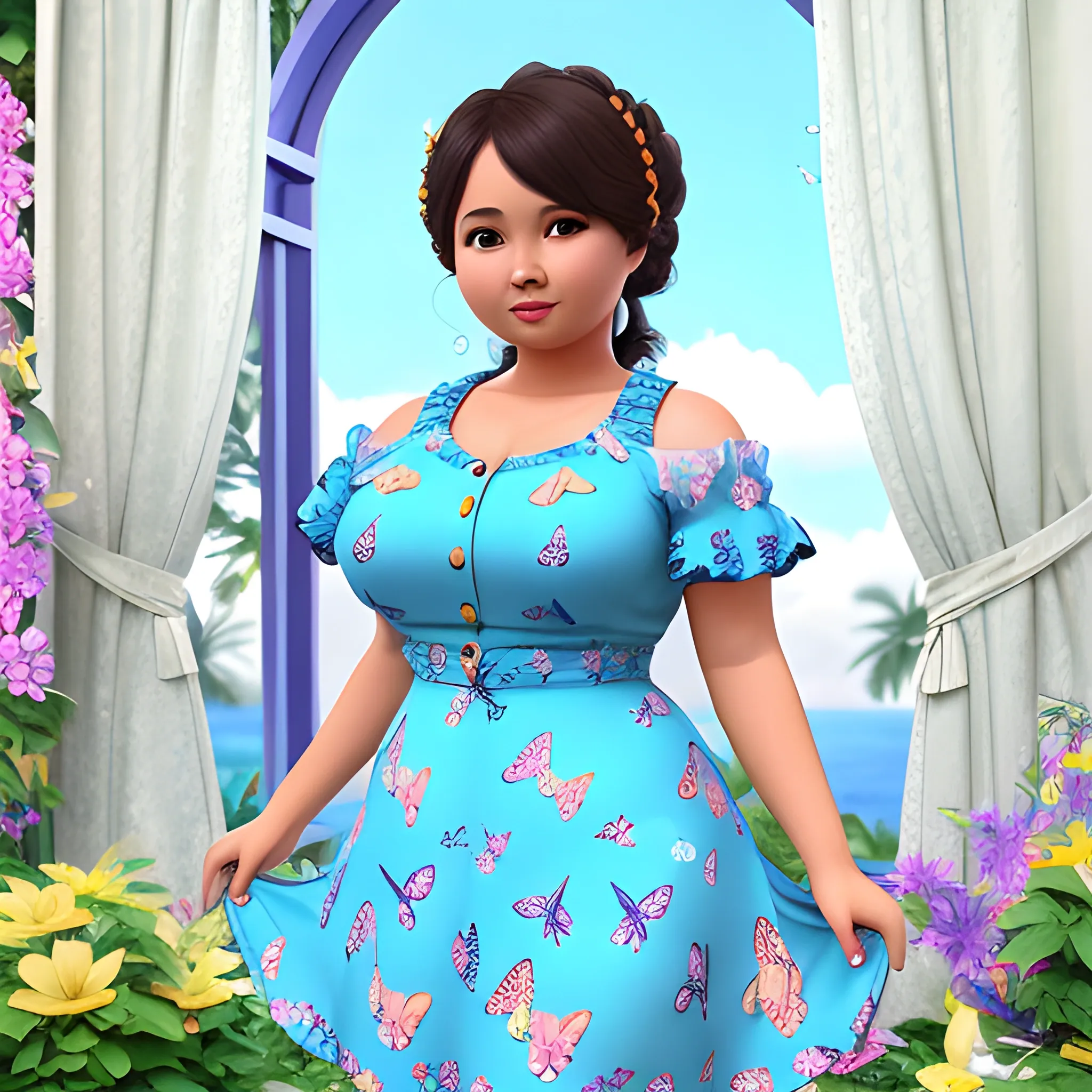 5'4 thick chubby gorgeous Filipina tanned skin chubby cheeks woman with short butterfly curly hair and cute flat button nose in a blue floral Sunday dress, 3D, 3D