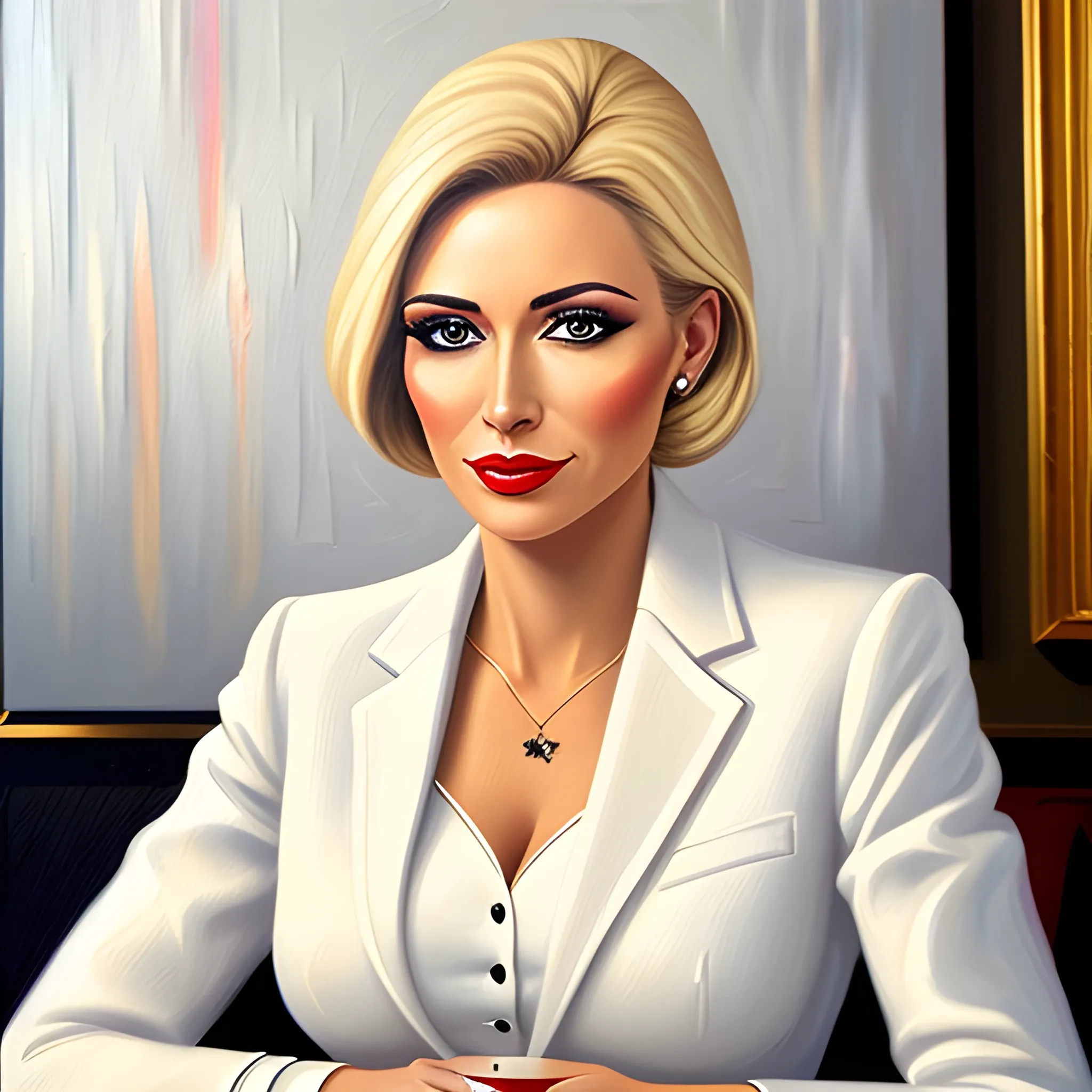 girl blonde 35 years old in a white suit sits in a cafe , Oil Painting