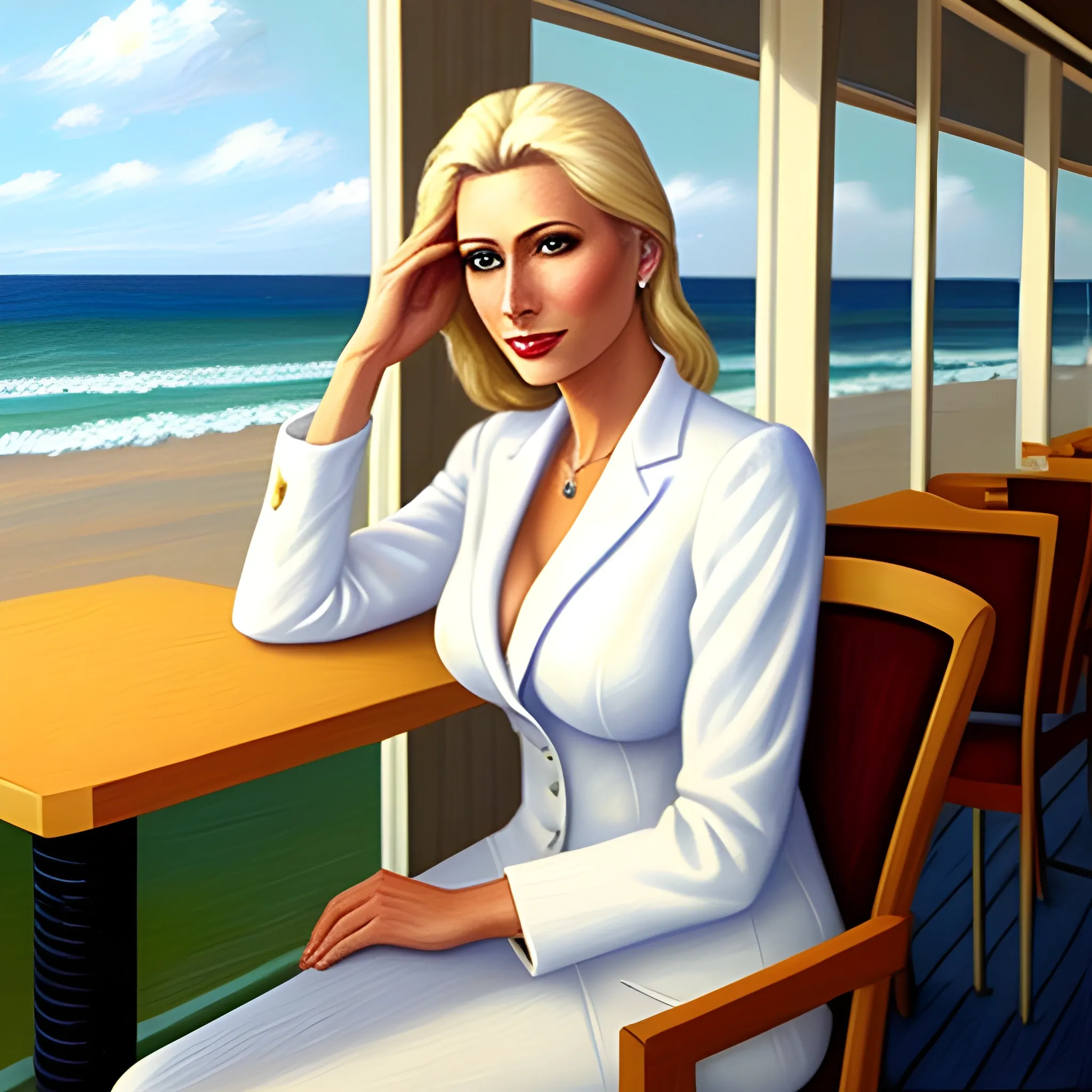 girl blonde 35 years old in a white suit sits in a cafe at a table on the seashore, Oil Painting