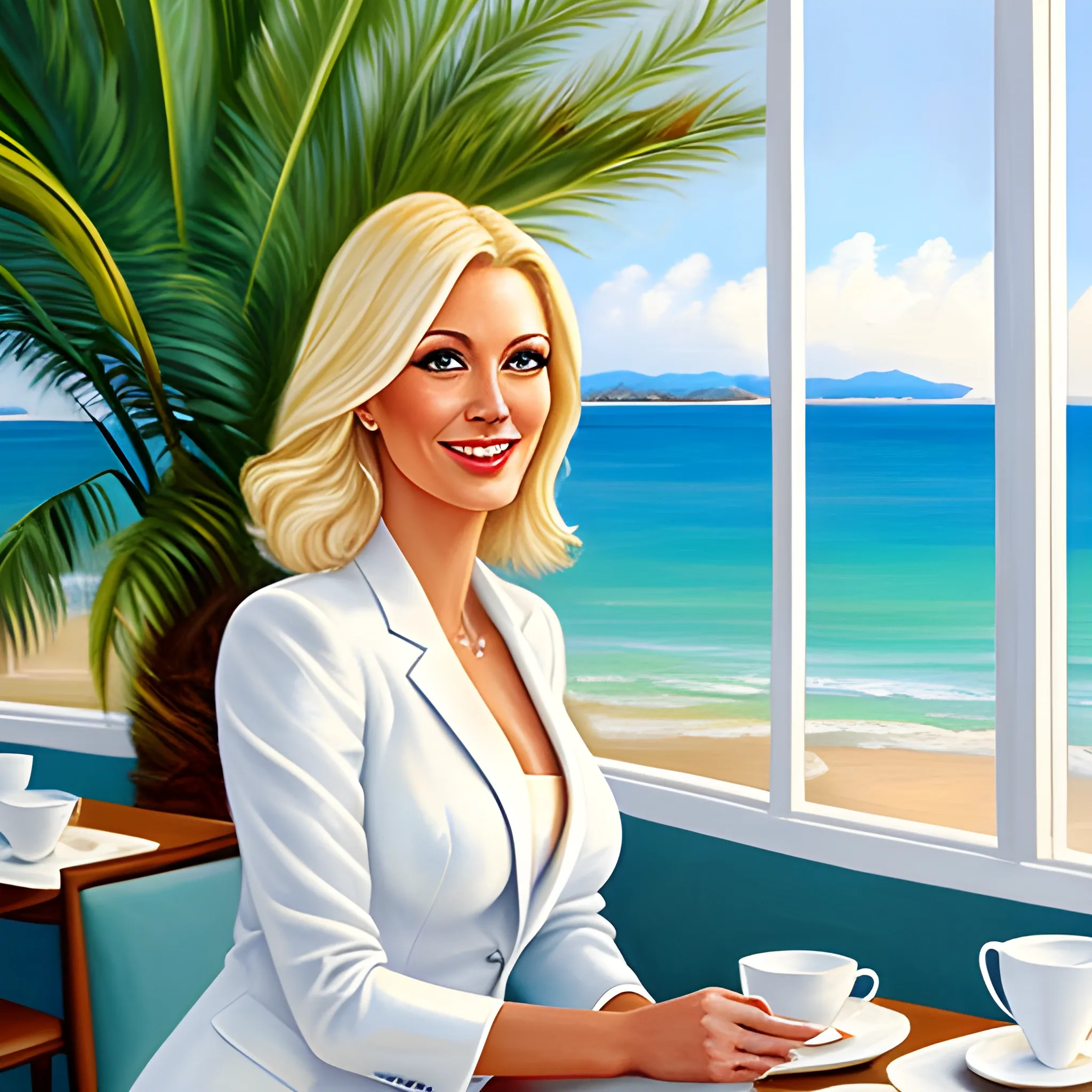 girl blonde 35 years old in a white suit smiles sitting in a prestigious cafe with large windows overlooking the sea and palm trees, Oil Painting, Oil Painting
