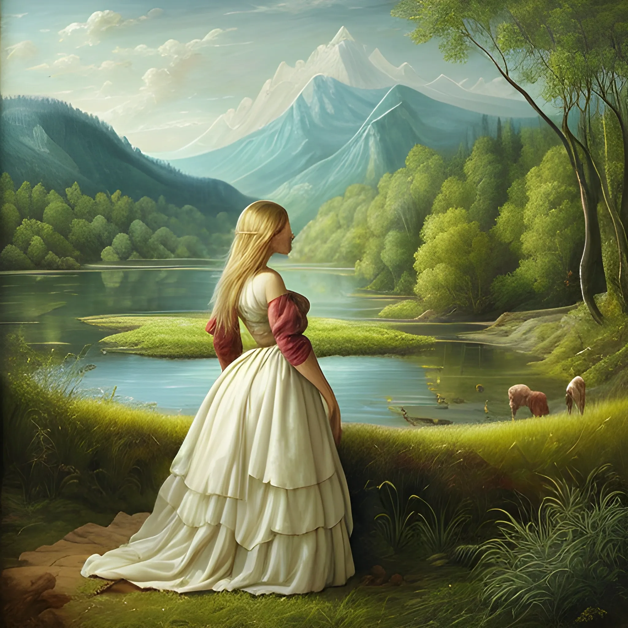 painting a landscape with full nature elements and a woman to be there as part of it
