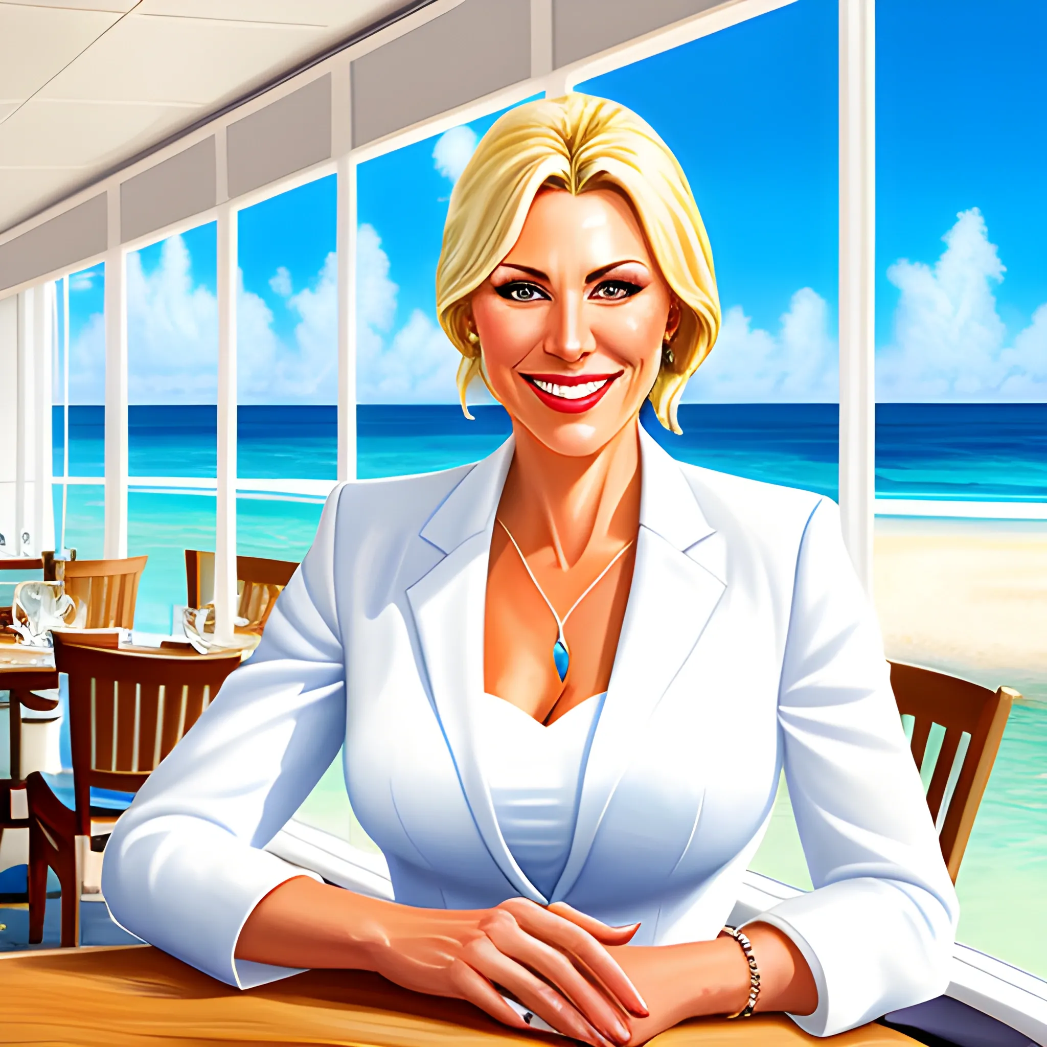 A happy beautiful smiling blonde girl, 35, in a white suit, sits in a prestigious cafe with large windows overlooking the blue sky of the sea with waves and palm trees. make the picture clear and photorealistic, Cartoon, Oil Painting
