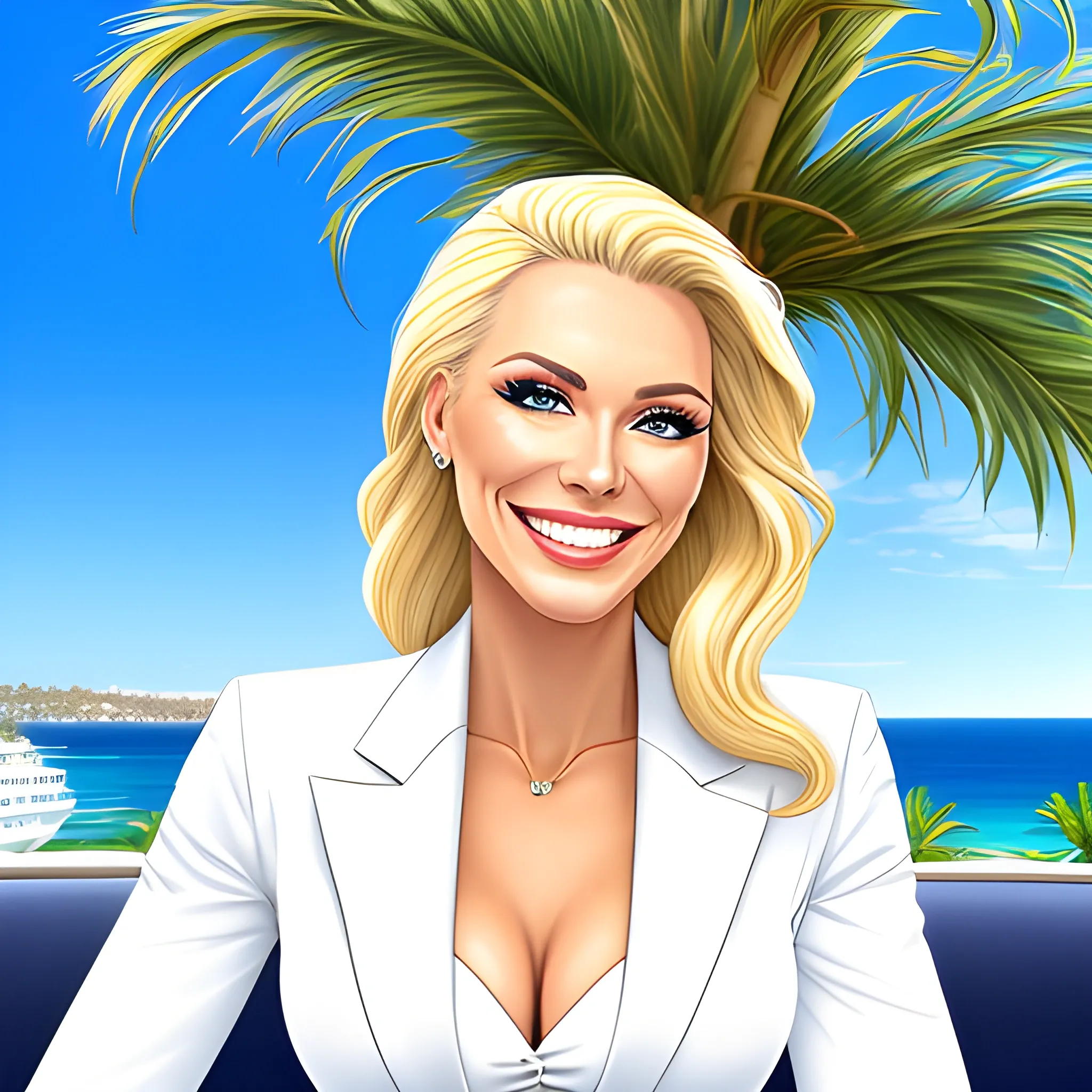 A happy beautiful smiling blonde girl, 35, in a white suit, sits in a prestigious cafe with large windows overlooking the blue sky of the sea and palm trees., , Pencil Sketch