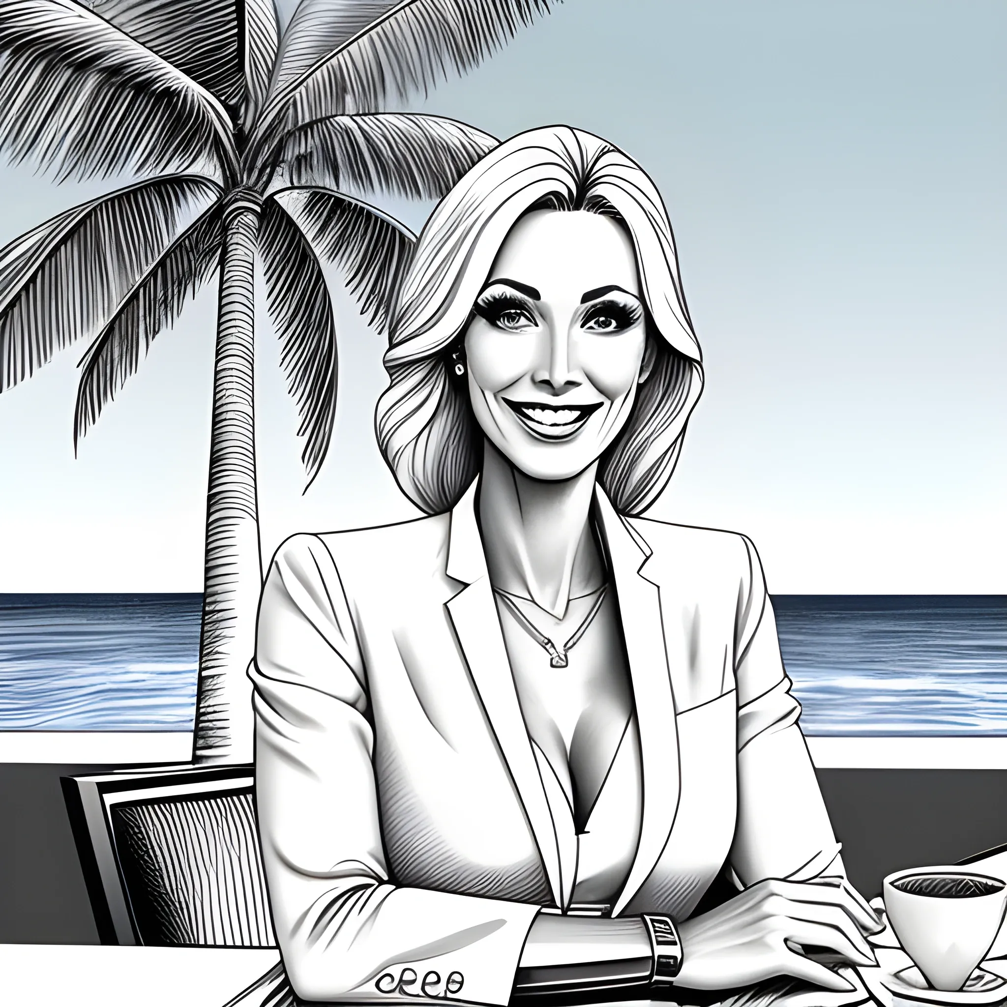 happy beautiful smiling girl blonde 35 years old in a white suit sits in a prestigious cafe with large windows overlooking the blue sky of the sea and palm trees, in the style of a pencil sketch, graphics, black and white style , Pencil Sketch