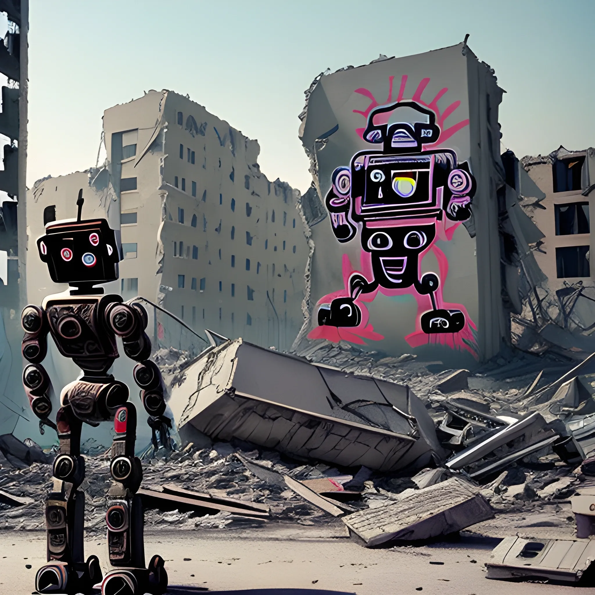 A robot draws graffiti on the wall of a destroyed city after a nuclear blast.