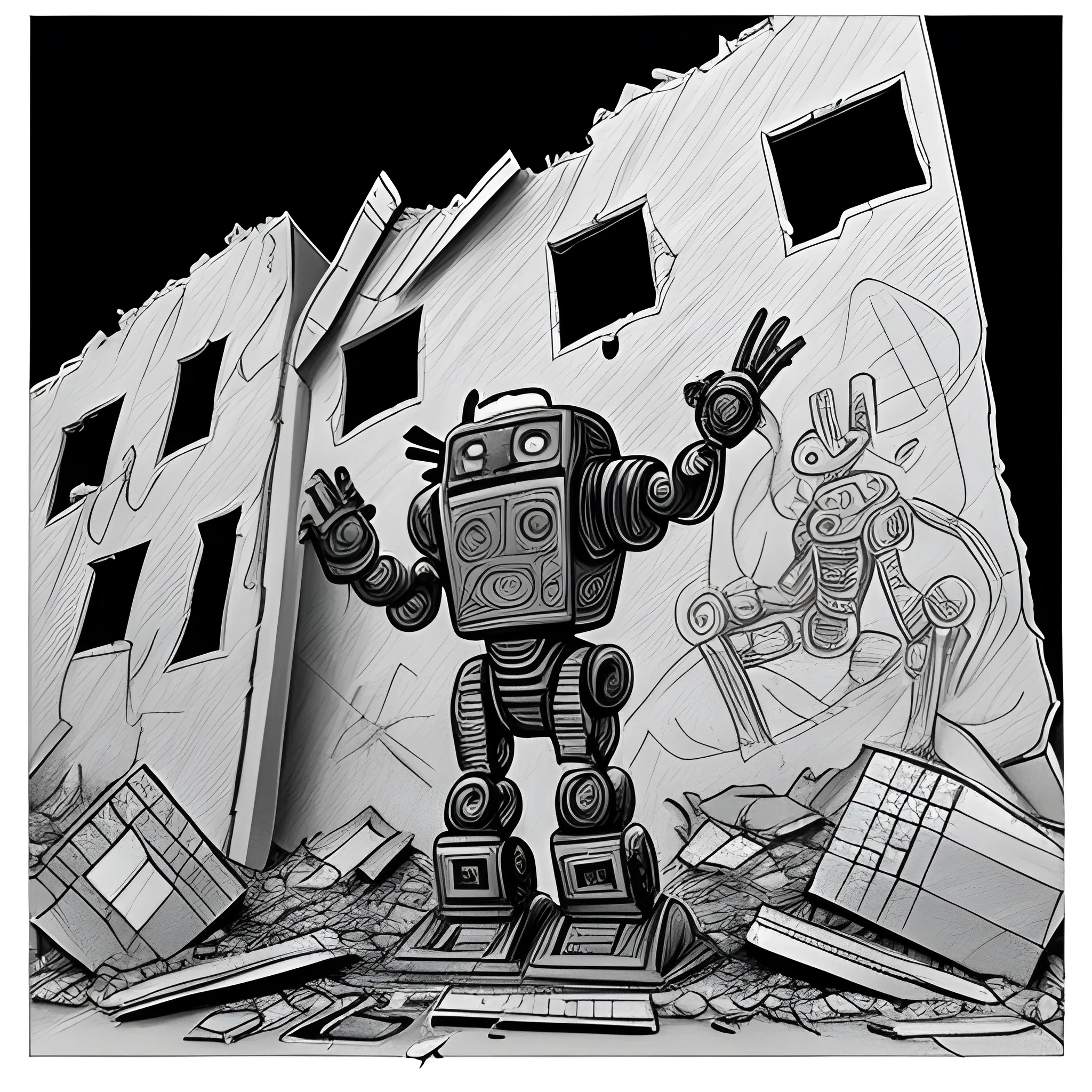 A robot draws graffiti on the wall of a destroyed city after a nuclear blast., Pencil Sketch