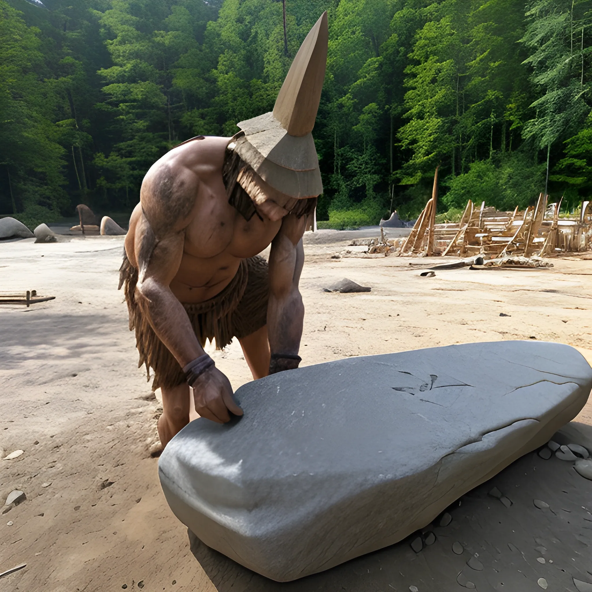 Primitive man has crafted a stone spearhead. The inscription at the top of the site is not working. At the bottom, there is an inscription saying "Work is underway".