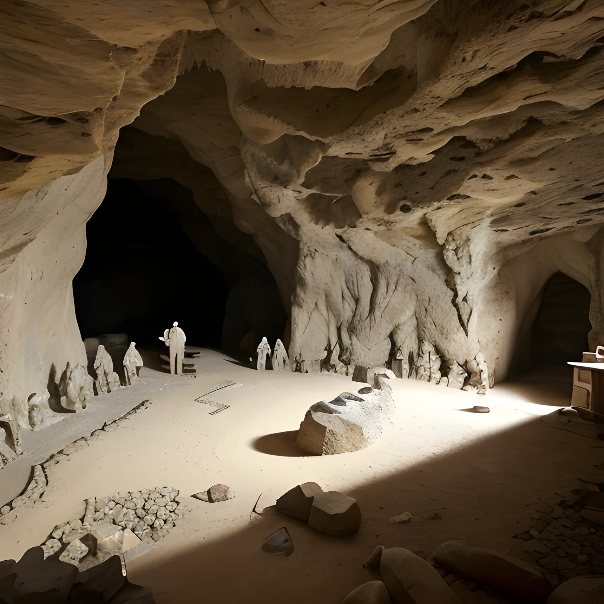 An ancient cave, filled with crude stone tools and carved spearheads, is home to a group of men who are diligently working on intricate carvings on a rough stone slab. At the entrance to the cave, an inscription has been partially eroded, making it unreadable. However, at the base of the slab, a fresh inscription can be seen that reads 'Work is underway'.