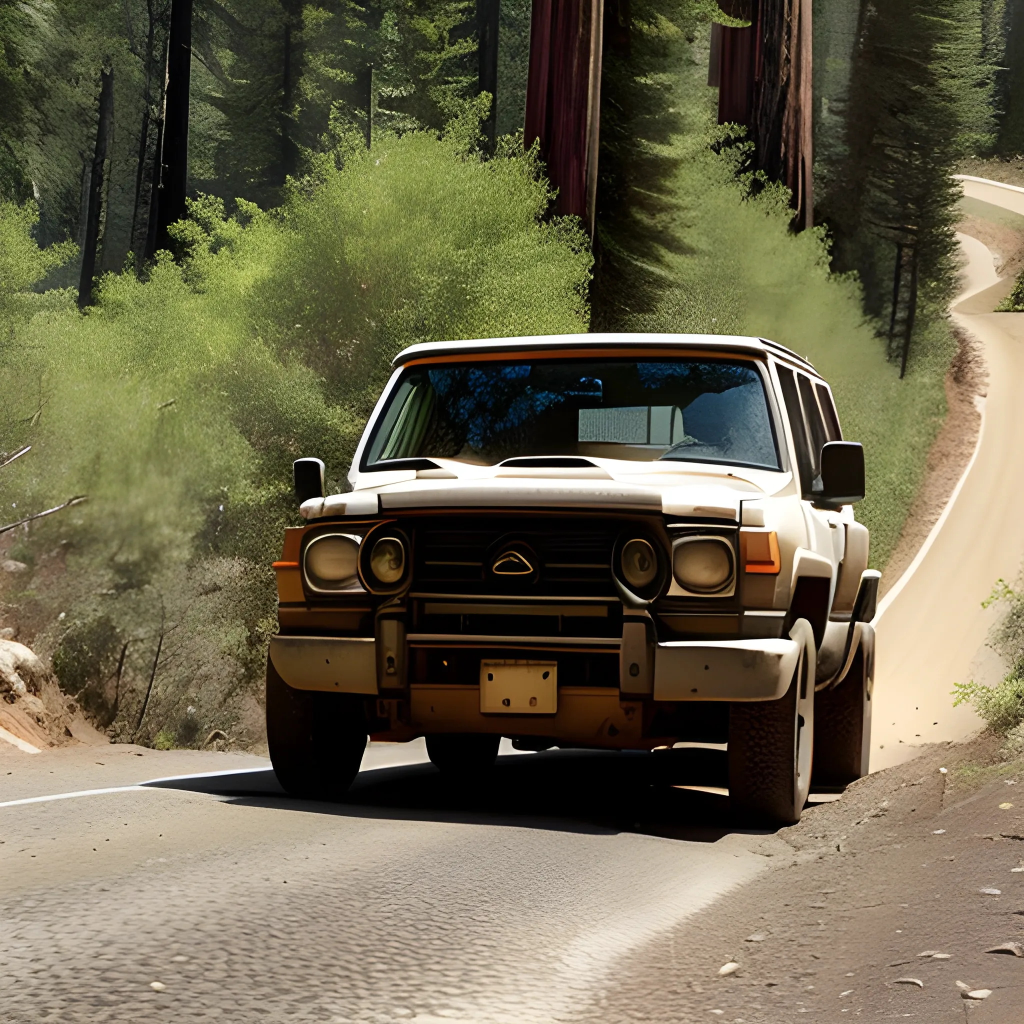 The camera follows behind a white vintage SUV with a black roof rack as it speeds up a steep dirt road surrounded by pine trees on a steep mountain slope, dust kicks up from it’s tires, the sunlight shines on the SUV as it speeds along the dirt road, casting a warm glow over the scene. The dirt road curves gently into the distance, with no other cars or vehicles in sight. The trees on either side of the road are redwoods, with patches of greenery scattered throughout. The car is seen from the rear following the curve with ease, making it seem as if it is on a rugged drive through the rugged terrain. The dirt road itself is surrounded by steep hills and mountains, with a clear blue sky above with wispy clouds.