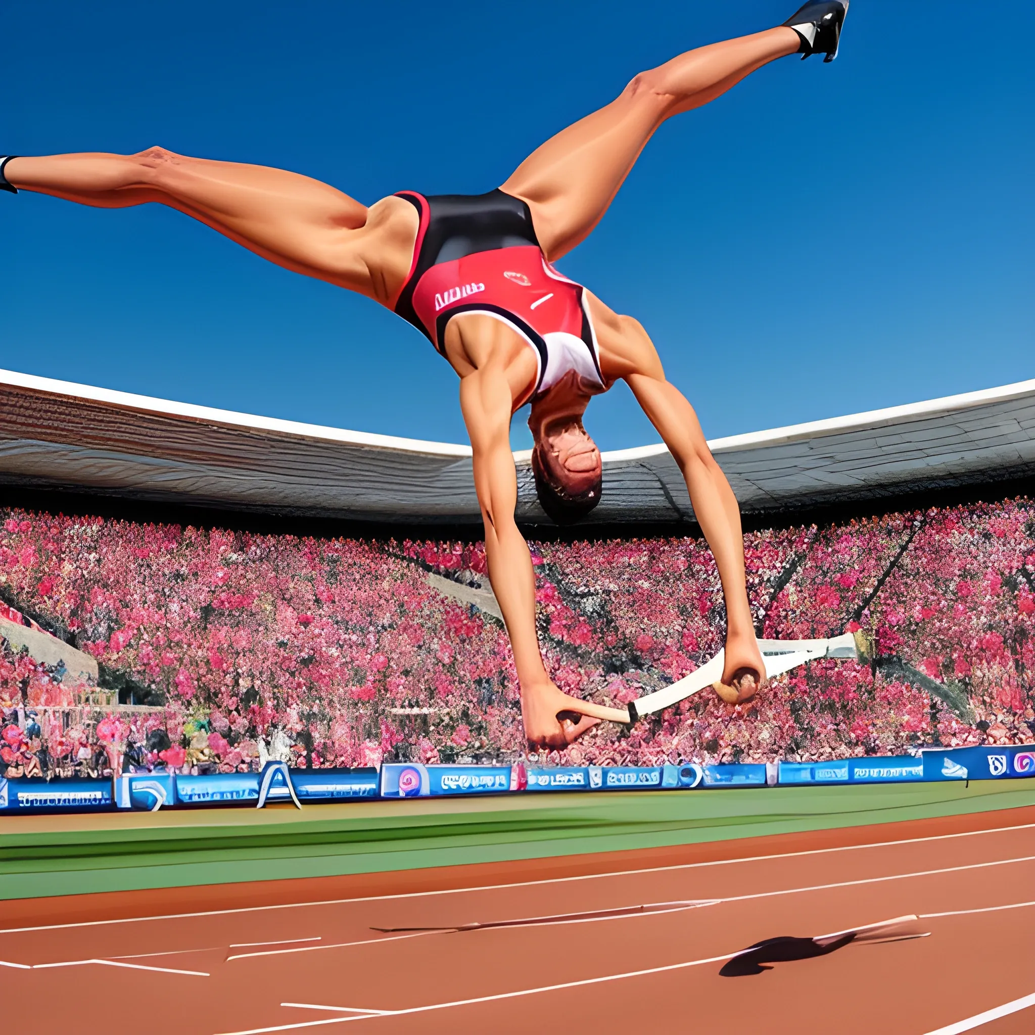 photo of a beautiful girl athlete in high jump on the sports sector in high jump, facial features are correct and feminine