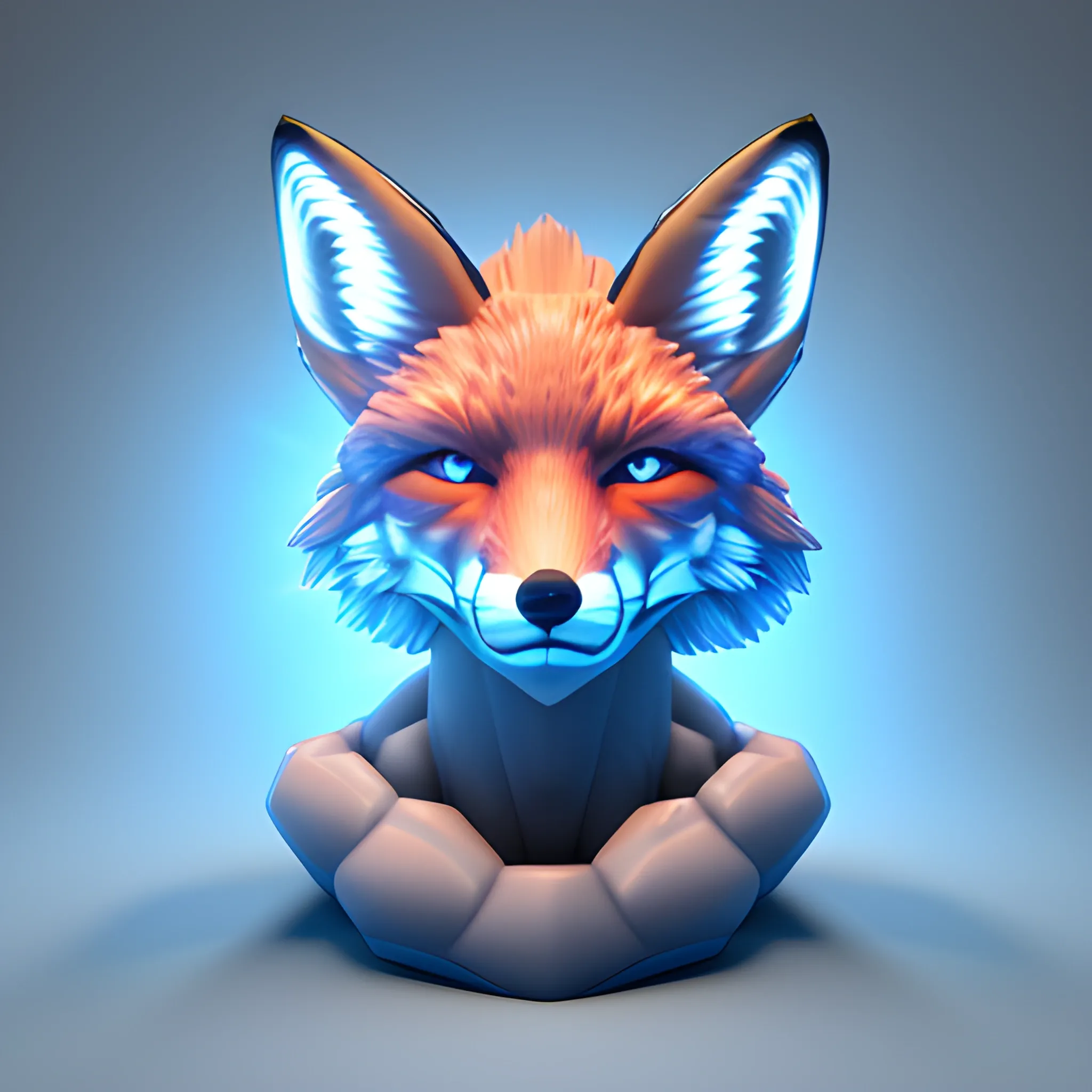 a muscular fox with blue light in his eyes, 3D