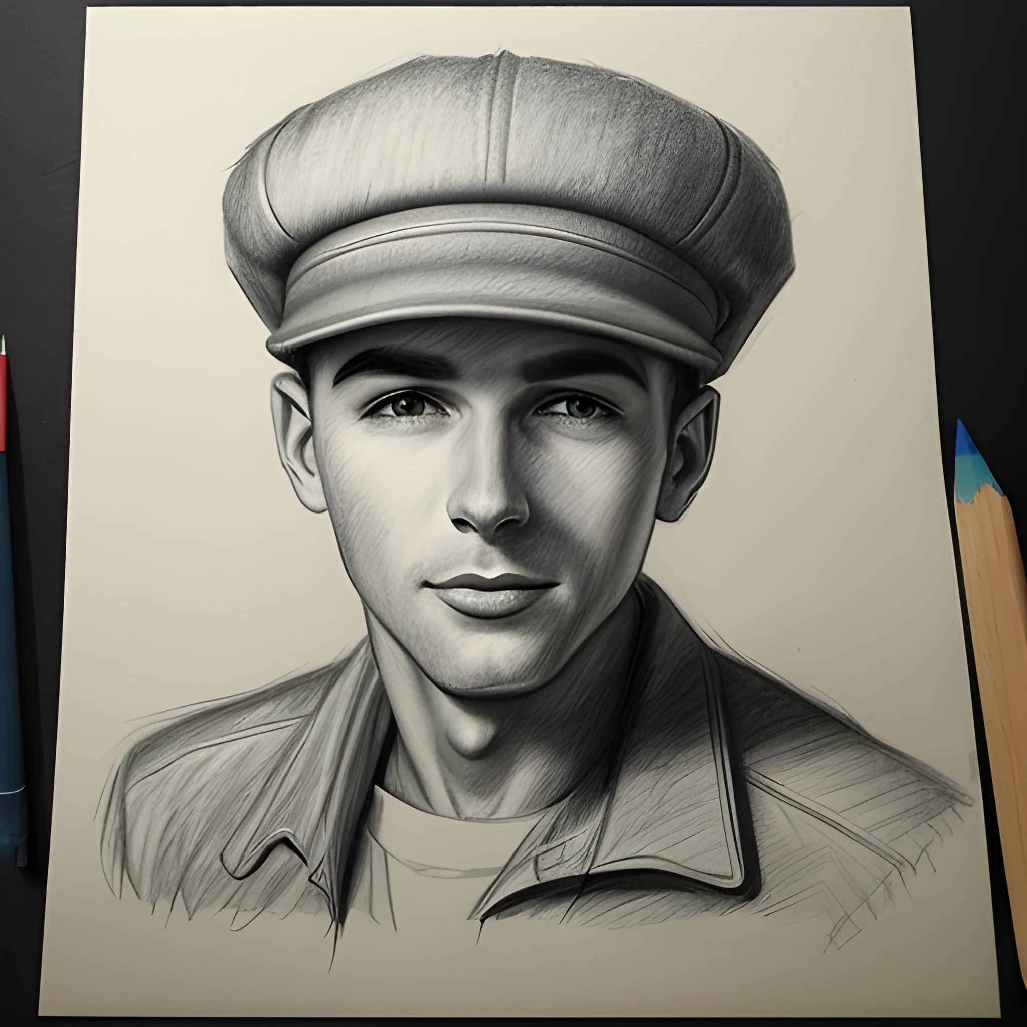 picture of man, 50's years, with hat, Pencil Sketch