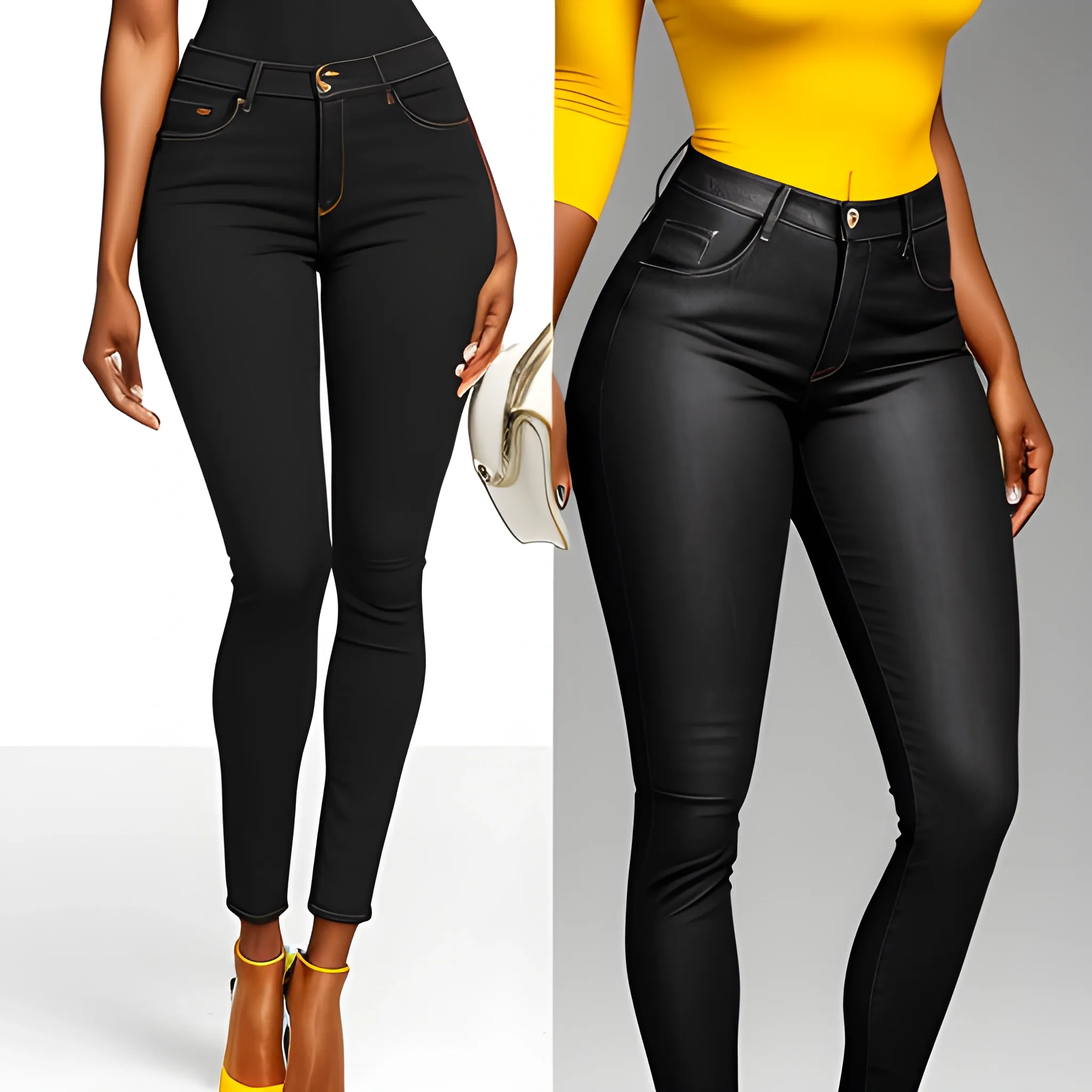 a black girl with a well-defined and slender body, a thin waist, long jeans, a very tight pants, a yellow blouse