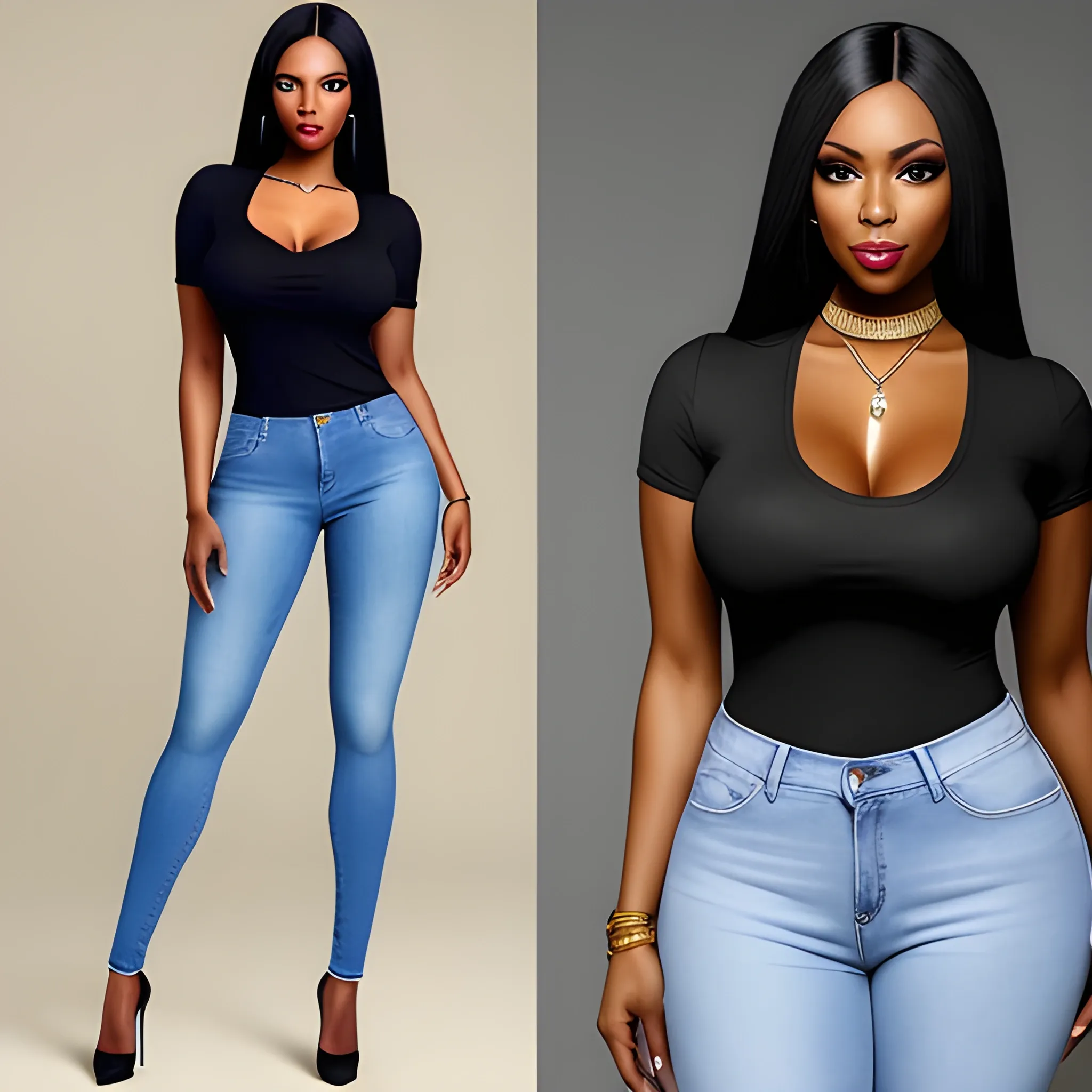 a black girl, straight hair, face with soft expression, well-outlined and slender body, thin waist, long jeans, very tight jeans, yellow blouse, full body image,