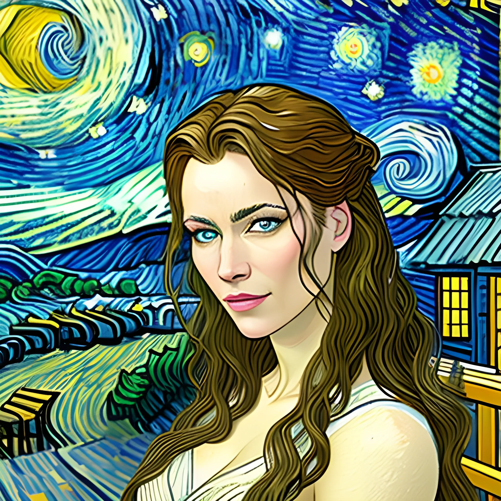 realistic image of a beautiful young girl, with long wavy black hair, sitting on a rocking chair in a porch, wooden house, at the background there is a van gogh starry night style sky, swirling clouds, close up view