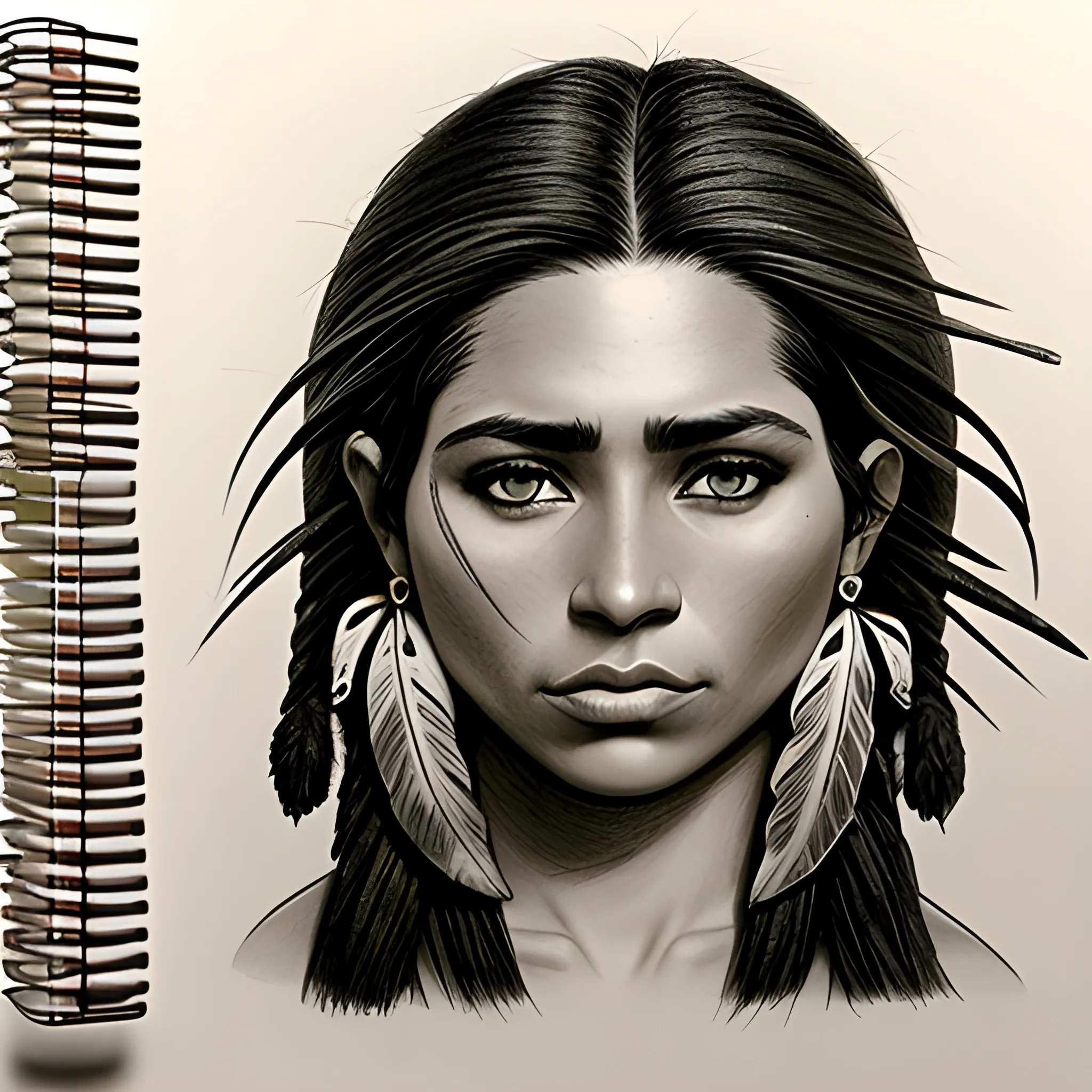 una mujer de 28 años con pelo largo lacio negro morena  con rasgos indigenas del sur de latinoamerica
ojos rasgados con cachetes , Pencil Sketch