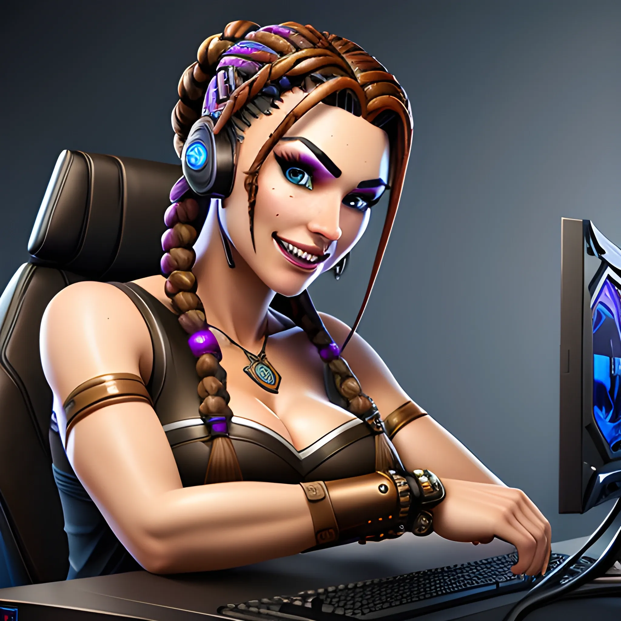 best quality, SFW, masterpiece, gamer girl with two braids playing fortnite on the pc, detailed brown eyes, brilliant teeth, ultra high res, photorealistic, steampunk,