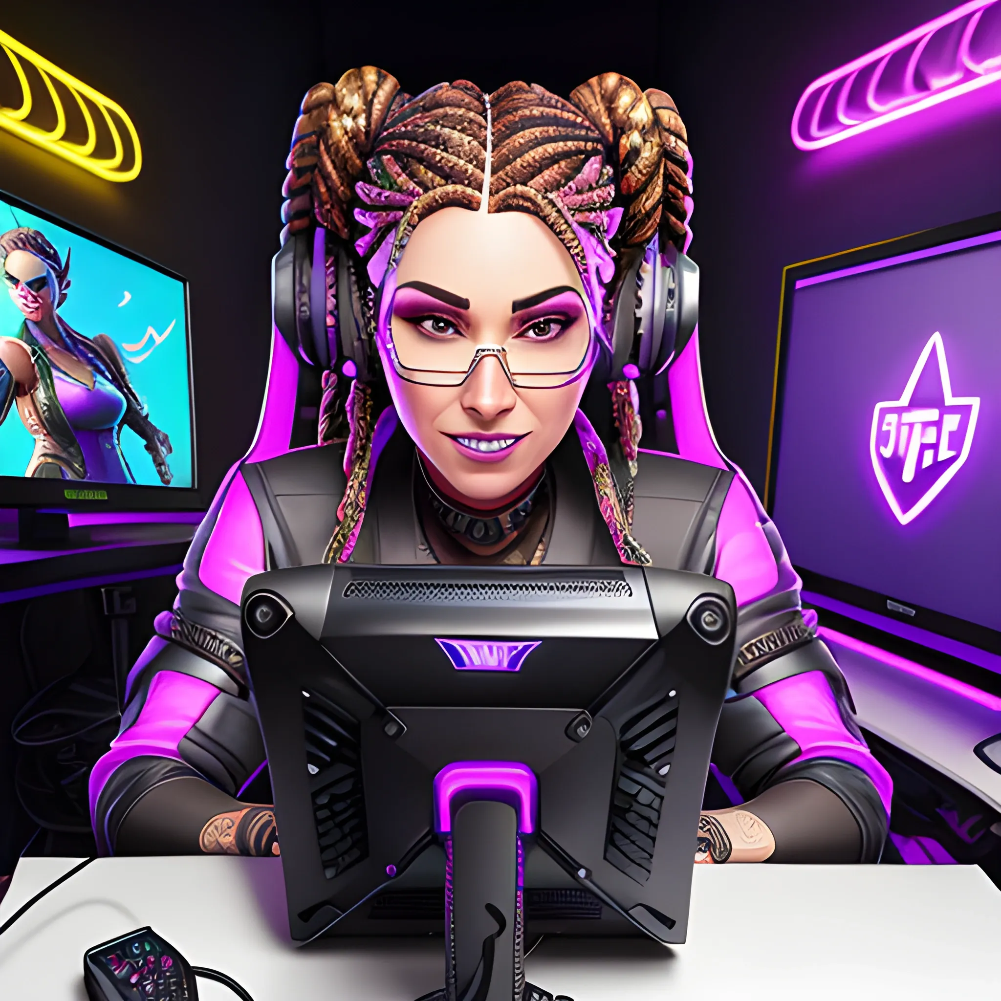 best quality, SFW, masterpiece, gamer girl with two braids playing fortnite on the pc, gamer girl with two braids playing fortnite on the pc, on the headrest of her chair there is IDSY written in neon colors, detailed brown eyes, brilliant teeth, ultra high res, photorealistic, steampunk,