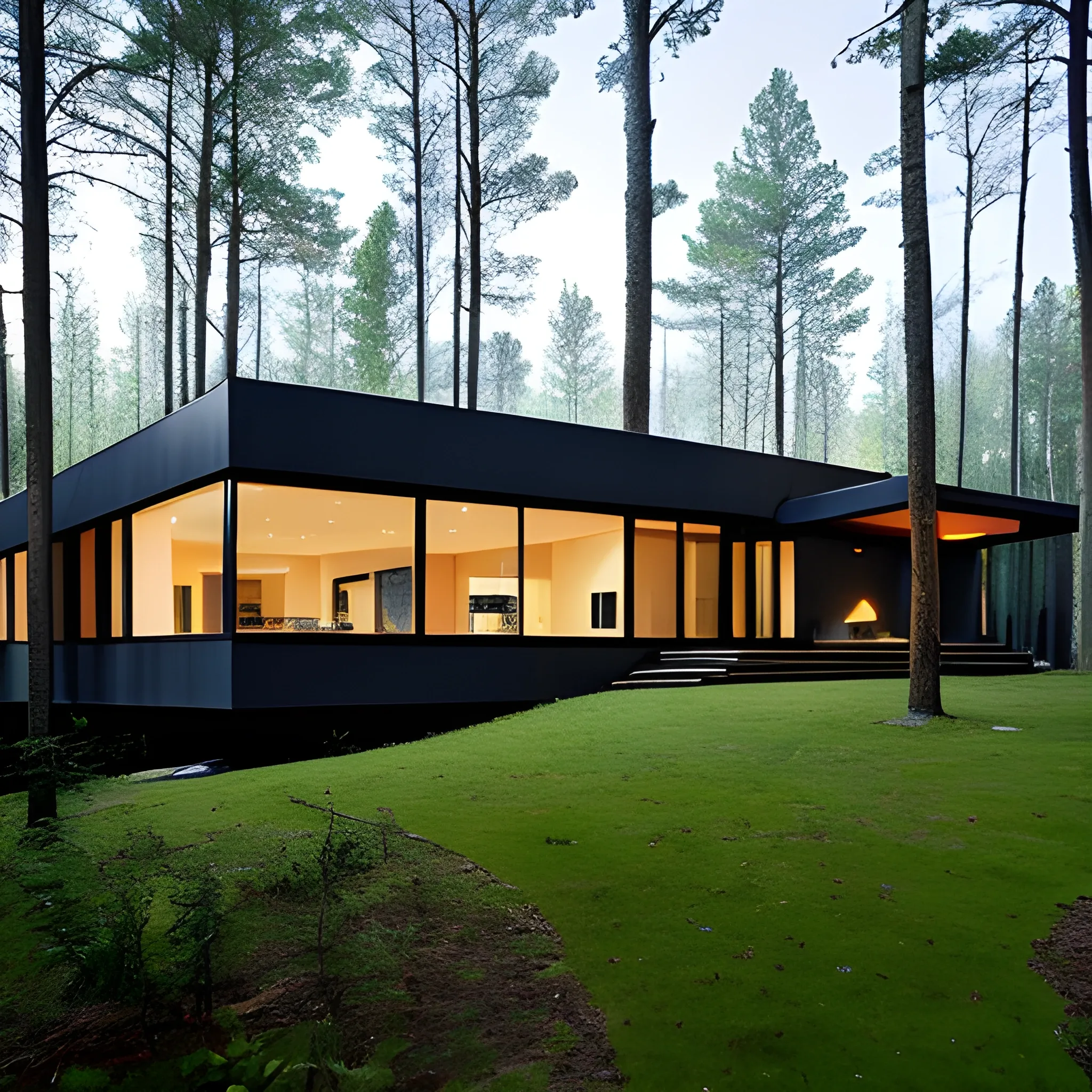 a modern house in the woods, sourrounded by an glass esfere
