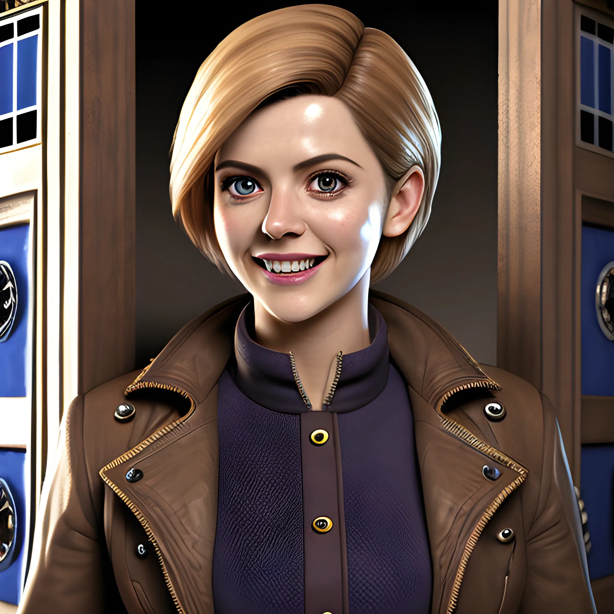 best quality, SFW, masterpiece, Doctor Who companion in the Tardis, detailed brown eyes, brilliant teeth, ultra high res, photorealistic, steampunk,, 3D