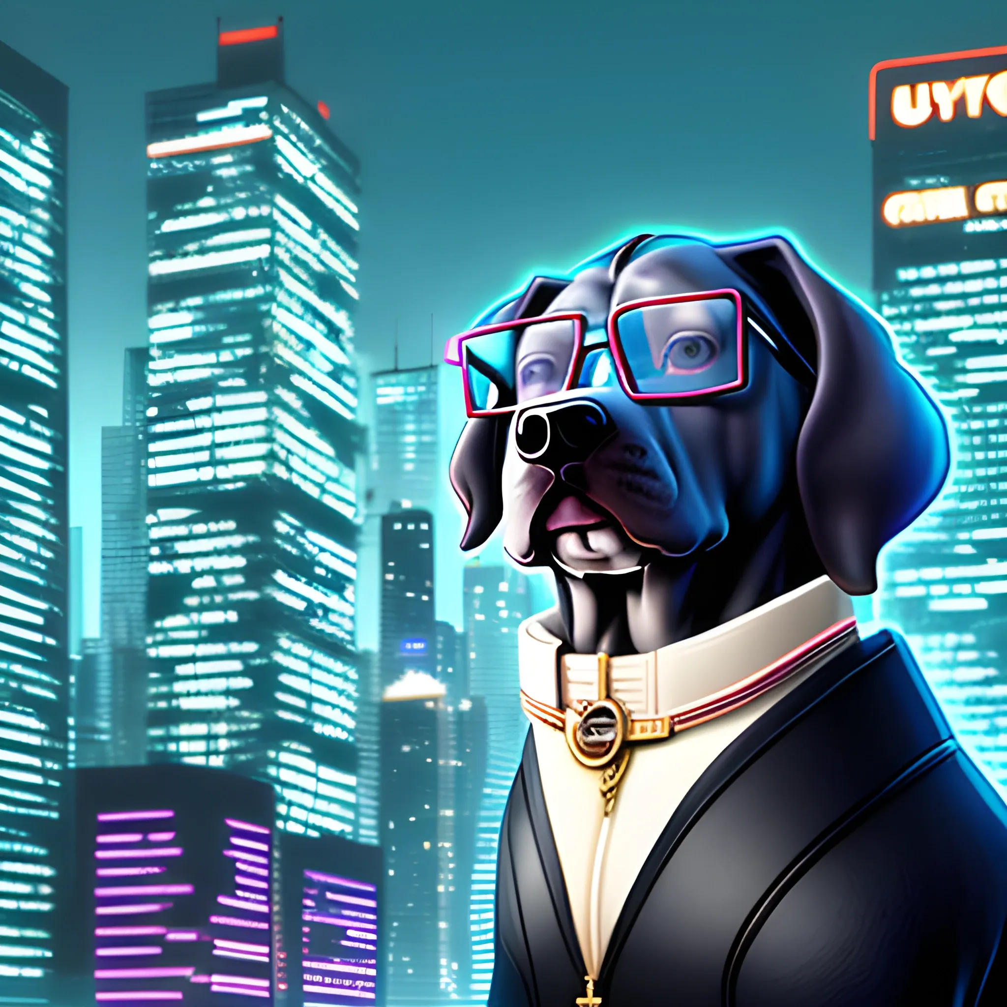 a big dog using glasses in the cyber city