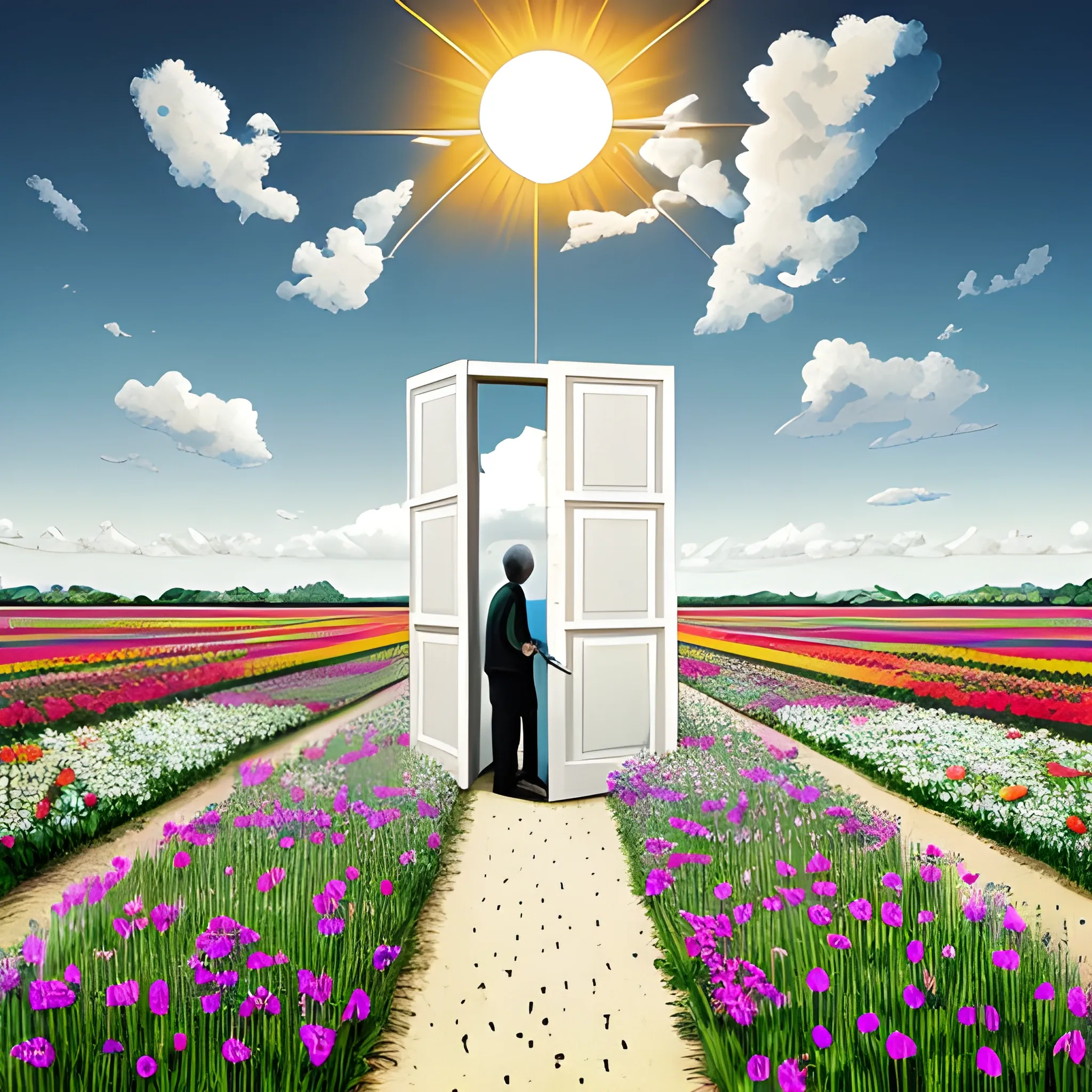 Minimalist surrealism by Guillermo Ballester, a man at a Flower Fields with open door, clouds, sun, hyper realistic, intricate detail