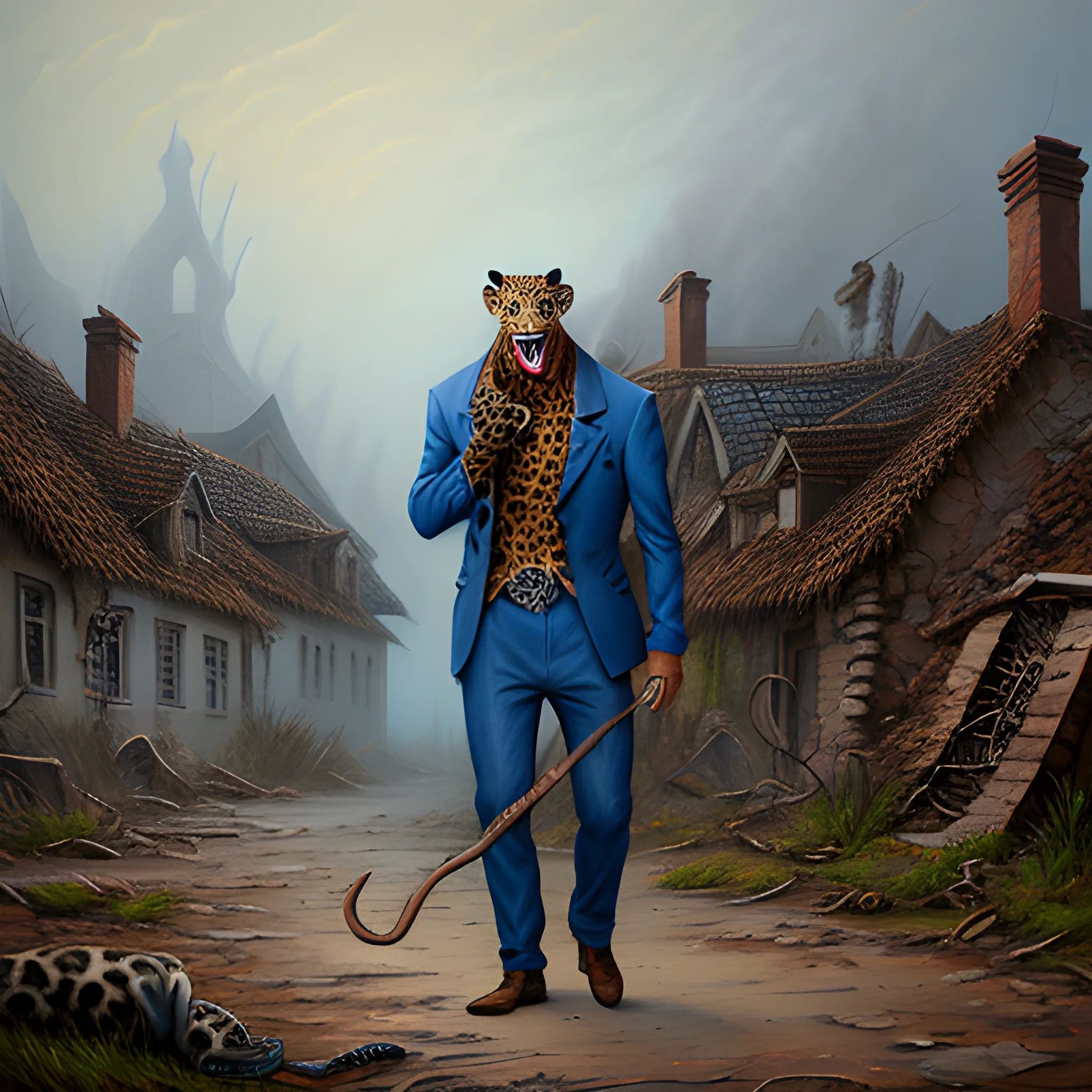 a young boy wearing blue jackets, frayed blue pants, holding an angry looking leopard, mouth open showing only long teeth, in the background an image of an old and abandoned village with fog around it, Cartoon, Oil Painting