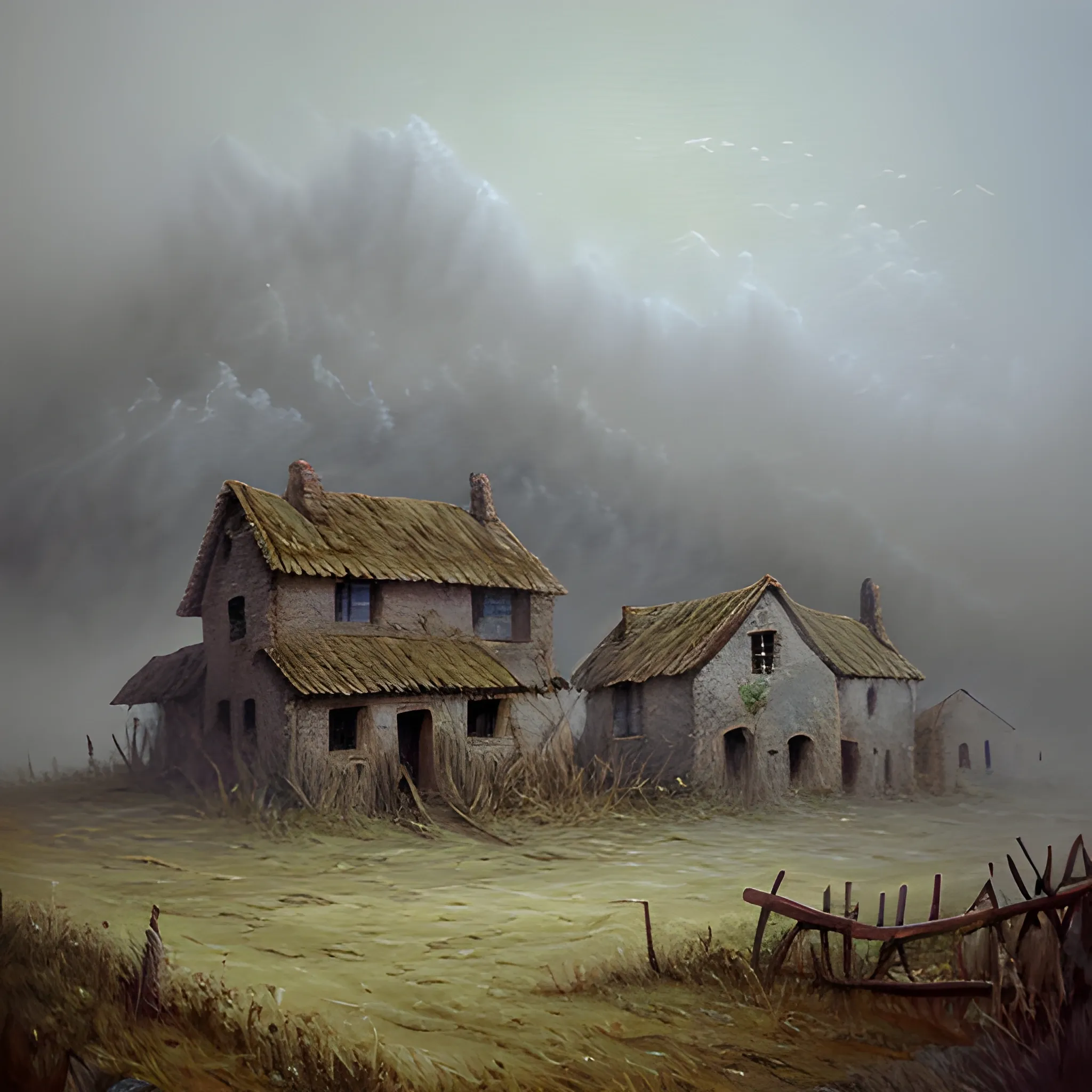 image of an old and abandoned village with fog around it, Cartoon, Oil Painting