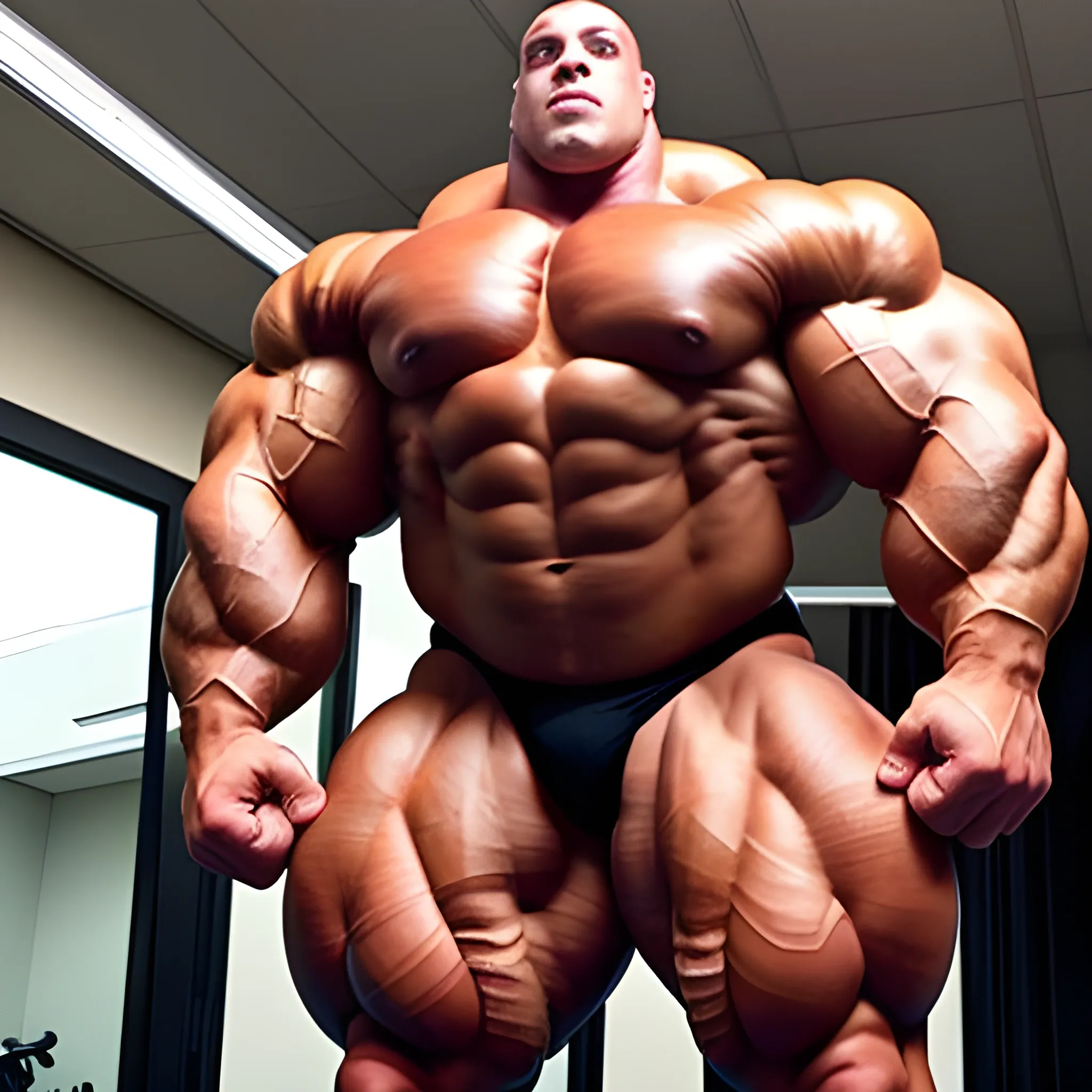 3-meter tall bodybuilder with a beautiful muscle morph, flex their massive 3000 lbs,  


