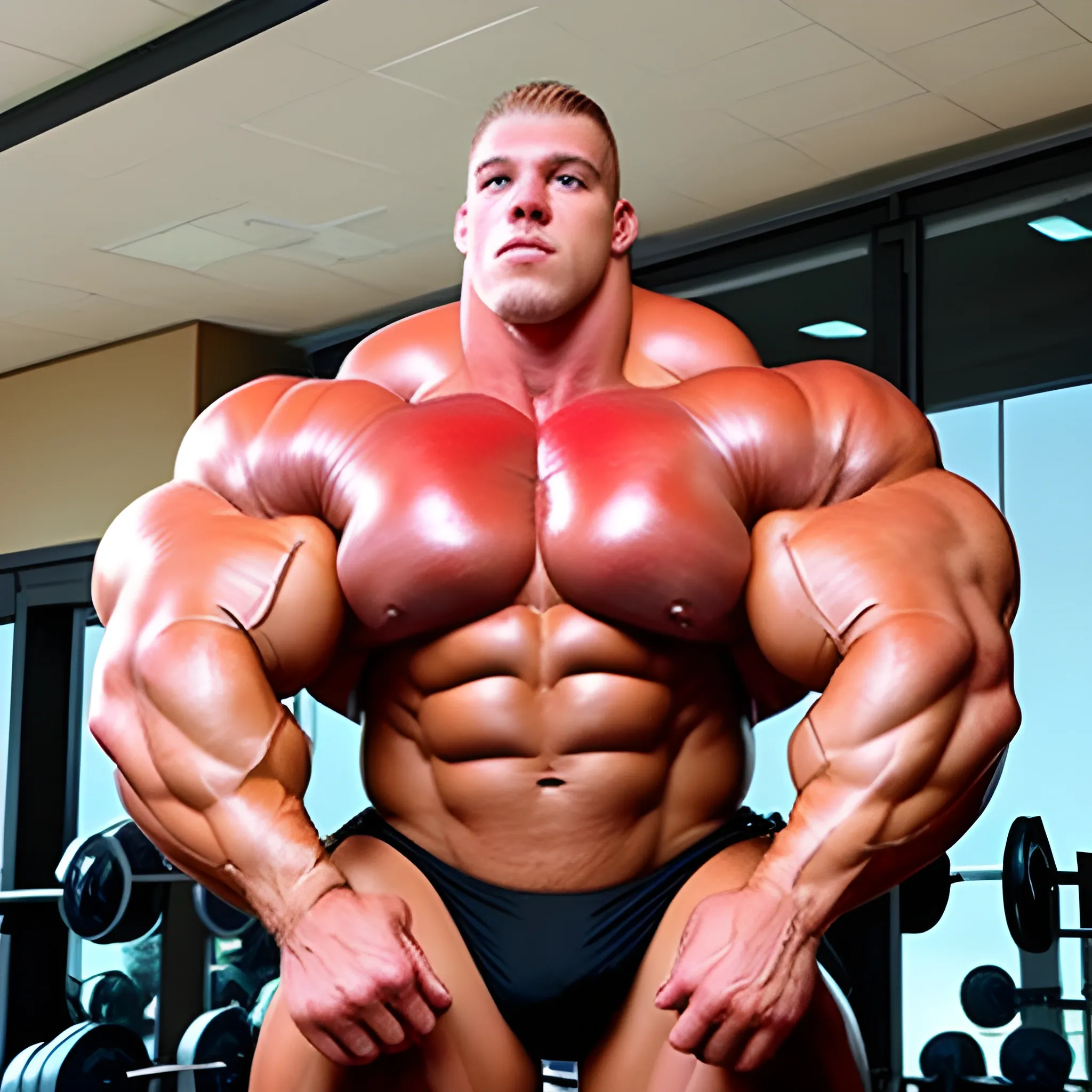 3-meter tall bodybuilder with a beautiful muscle morph, flex their massive 3000 lbs,  


