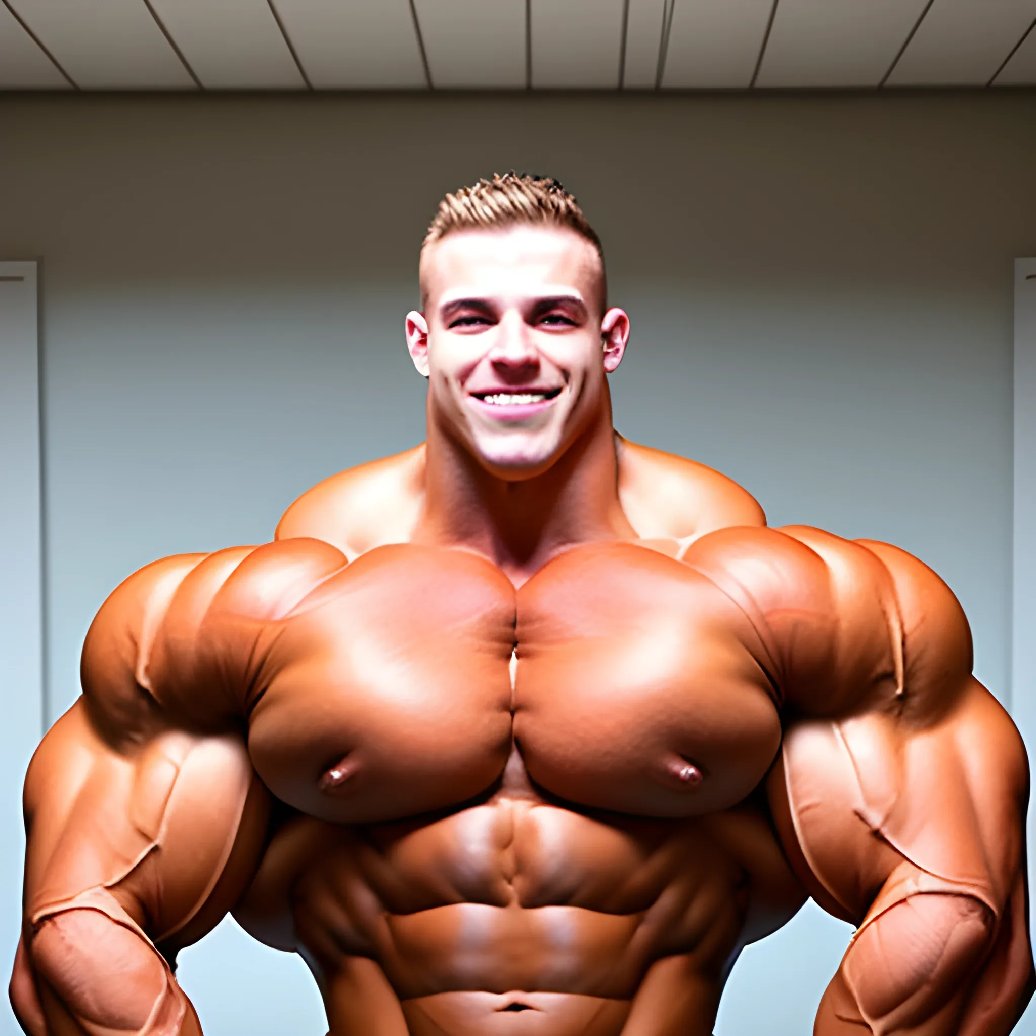 3-meter tall bodybuilder with a beautiful muscle morph, flex their massive 3000 lbs,  


