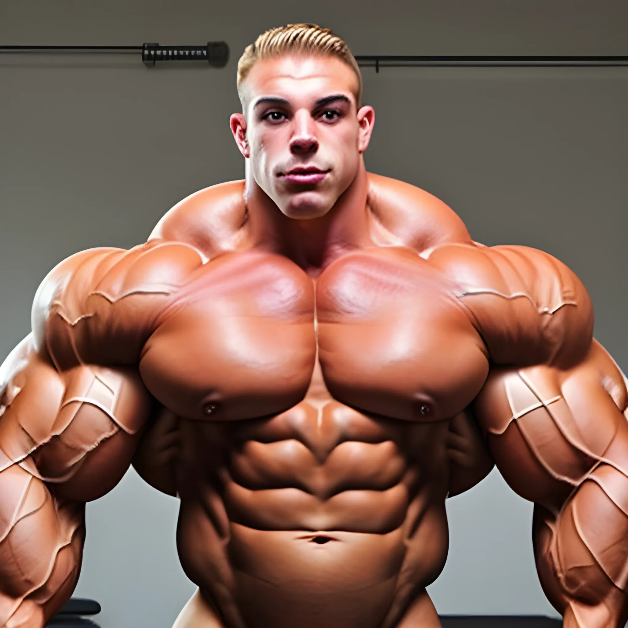 3-meter tall bodybuilder with a beautiful muscle morph, flex their massive 3000 lbs,  


