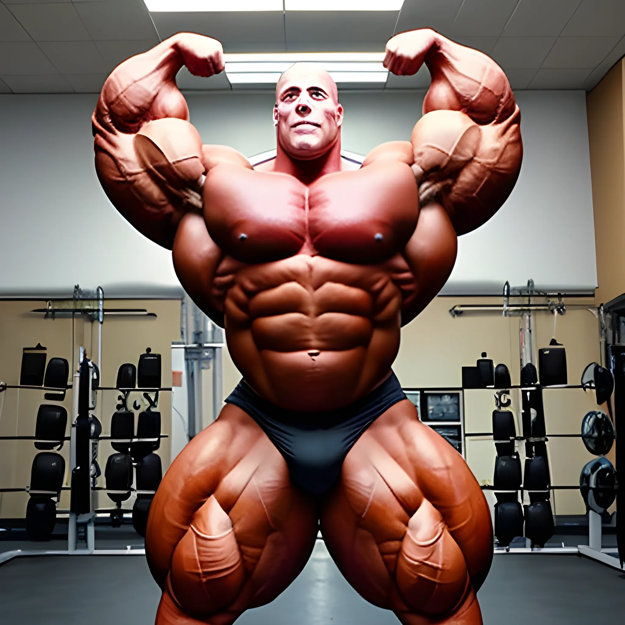 3-meter tall bodybuilder with a beautiful muscle morph, flex their massive 3000 lbs,  


