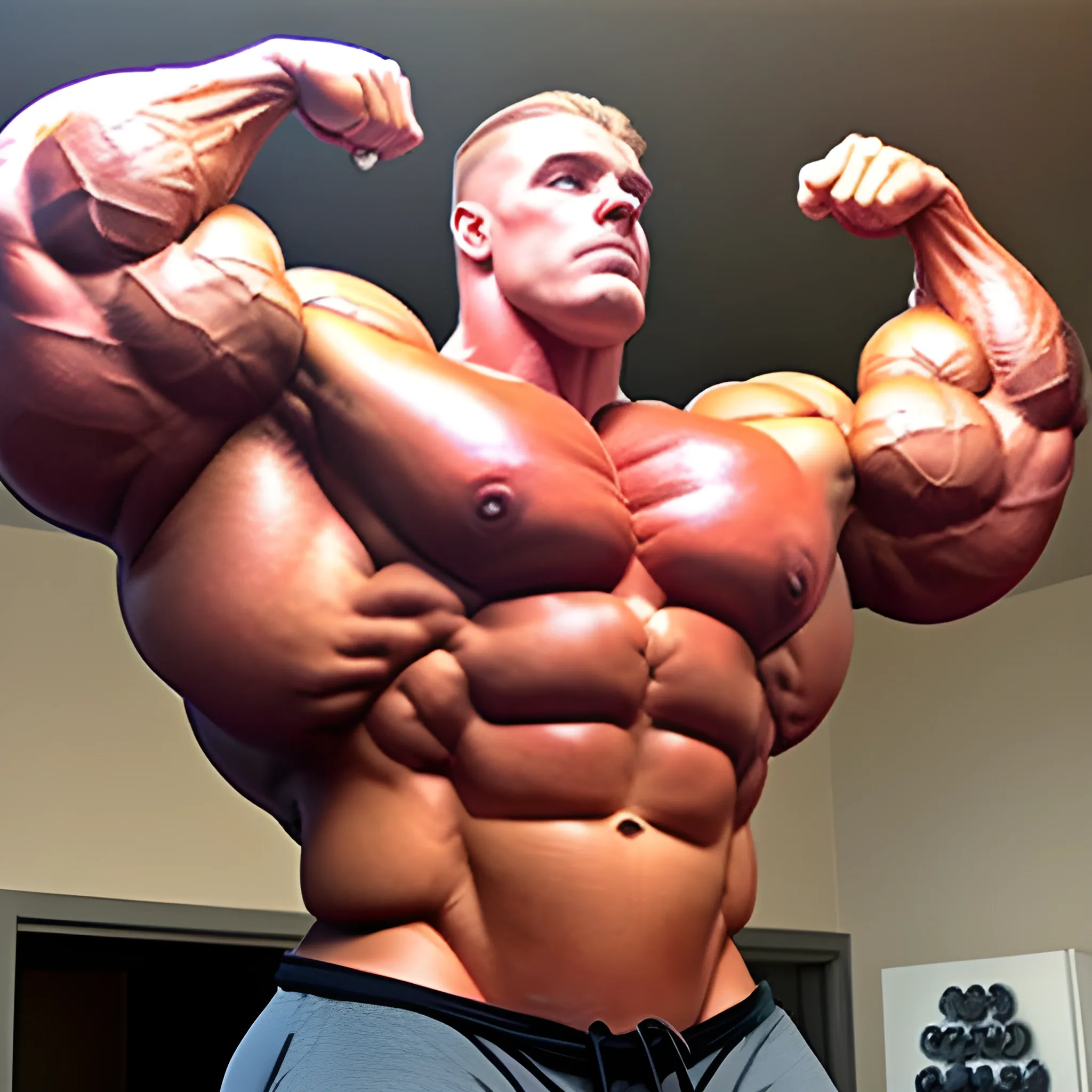 3-meter tall bodybuilder with a beautiful muscle morph, flex their massive 3000 lbs,  


