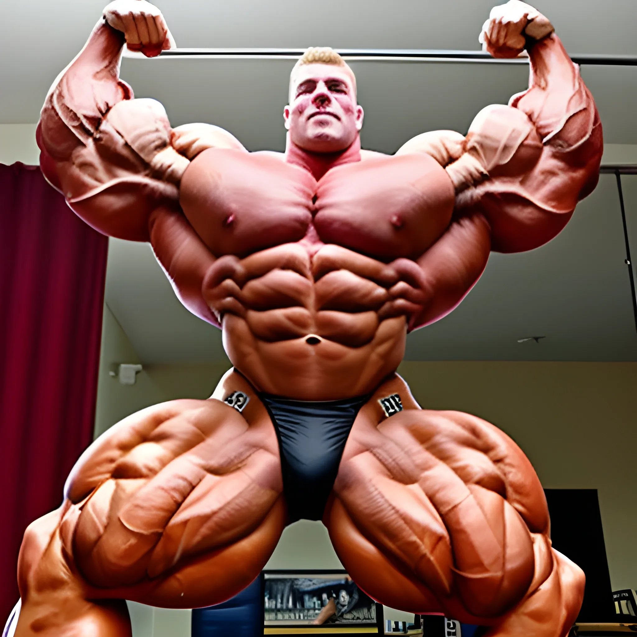 3-meter tall bodybuilder with a beautiful muscle morph, flex their massive 3000 lbs,  


