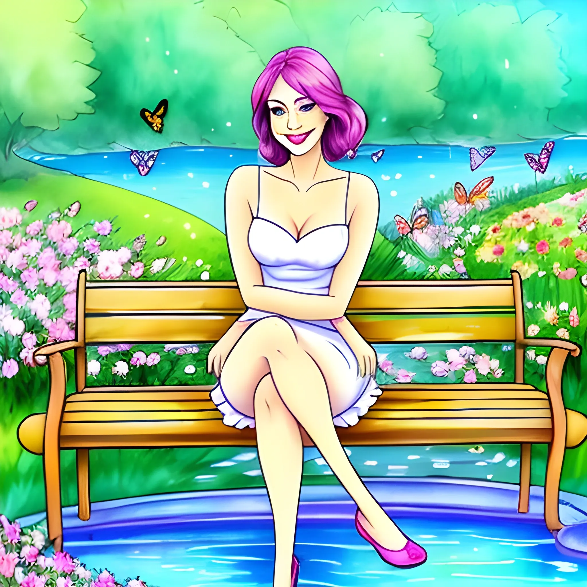 Imagine a beautiful smiling girl sitting on a bench in the sun in a beautiful garden, surrounded by blooming flowers, fluttering butterflies, and a white deer nibbling on the grass in front of her. Please use the attached cute girl image., Cartoon, Water Color, Water Color