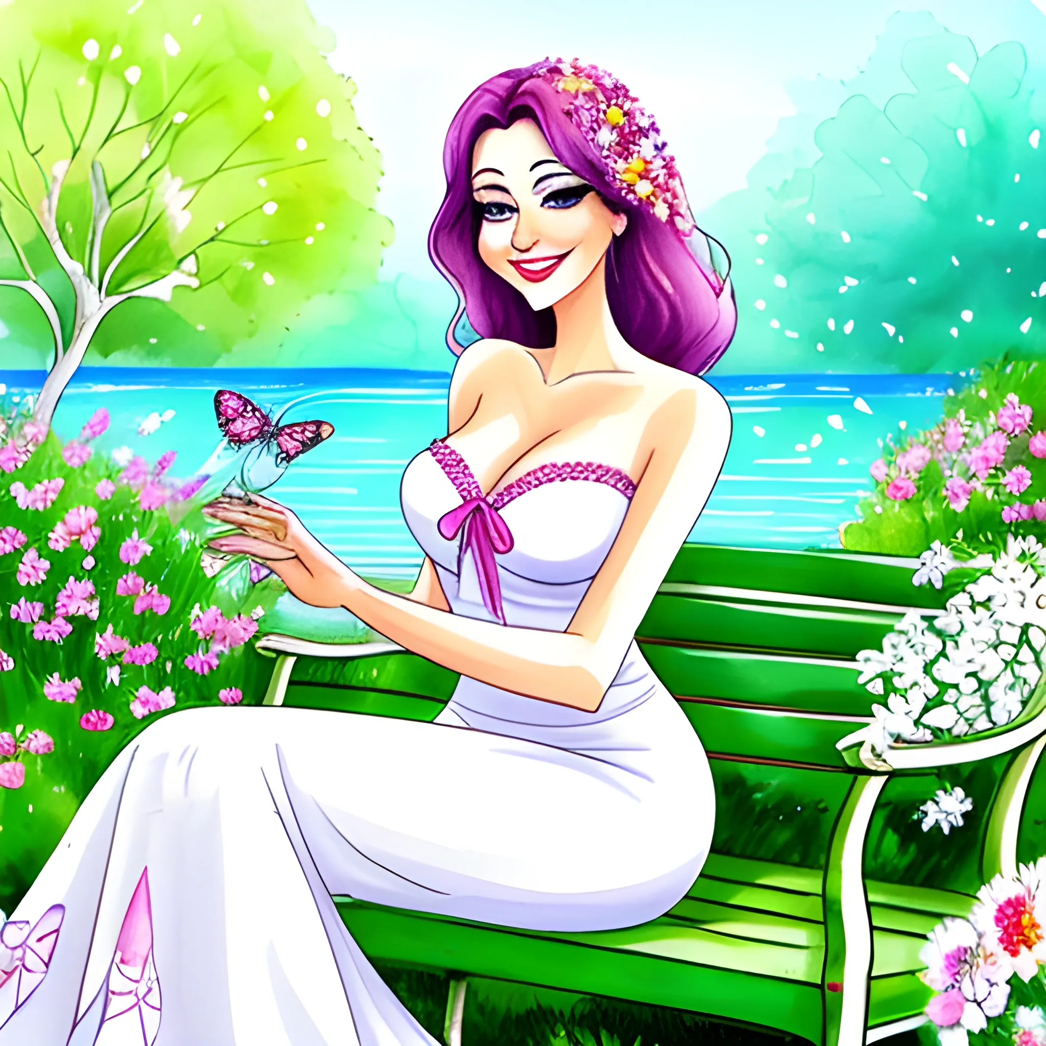 Imagine a beautiful smiling girl sitting on a bench in the sun in a beautiful garden, surrounded by blooming flowers, fluttering butterflies, and a white deer nibbling on the grass in front of her. Please use the attached cute girl image., Cartoon, Water Color, Water Color