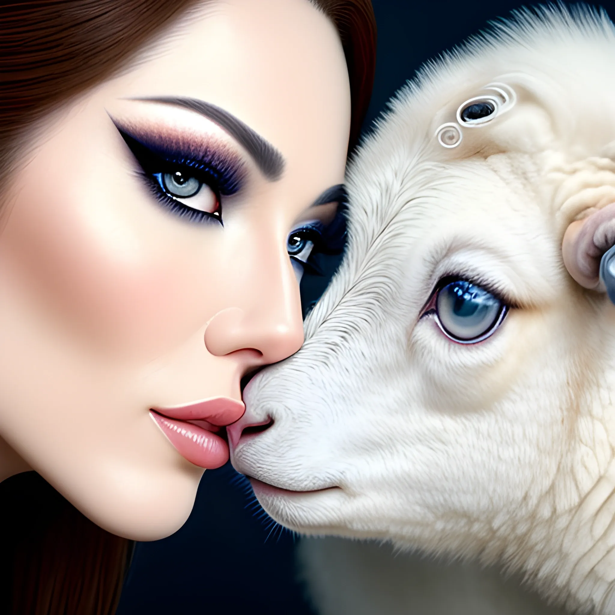  Close-up of white lamb eyes kissing asian girl with brown hair, blue eyes and makeup facing front, symmetry, naturalistic animal portraits, schlieren photography, anne dewailly, white and white, soft-focus portraits, hyperrealistic wildlife portraits, glamourous, vogue, insanely detailed, 32k, white solid color background, close-up of eye, front view