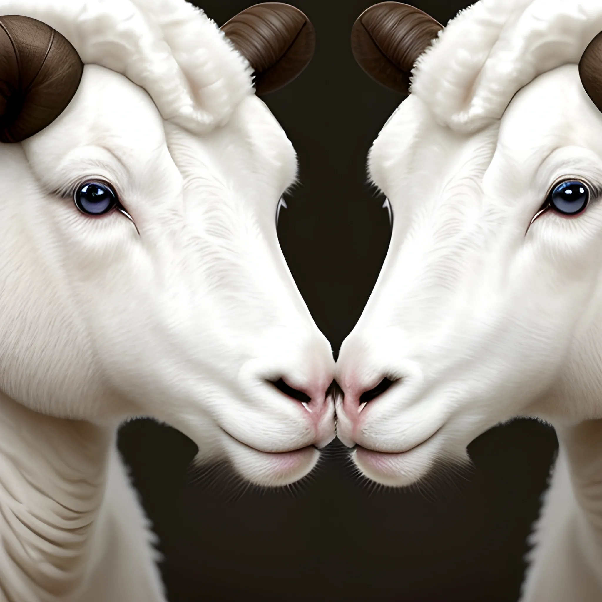 Close-up of white lamb eyes kissing asian girl with brown hair, blue eyes and makeup facing front, symmetry, naturalistic animal portraits, schlieren photography, anne dewailly, white and white, soft-focus portraits, hyperrealistic wildlife portraits, glamourous, vogue, insanely detailed, 32k, white solid color background, close-up of eye.

