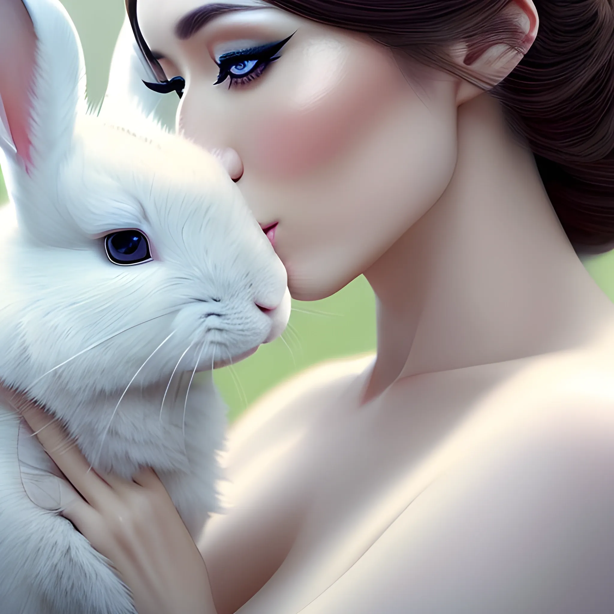 An Asian girl with brown hair, blue eyes and makeup facing front, symmetry, kissing white rabbits eyes of close-up naturalistic animal portraits, Schlieren photography, Anne Dewailly, white and white, soft-focus portraits, hyperrealistic wildlife portraits, glamourous, vogue, insanely detailed, 32k, white solid color background.

