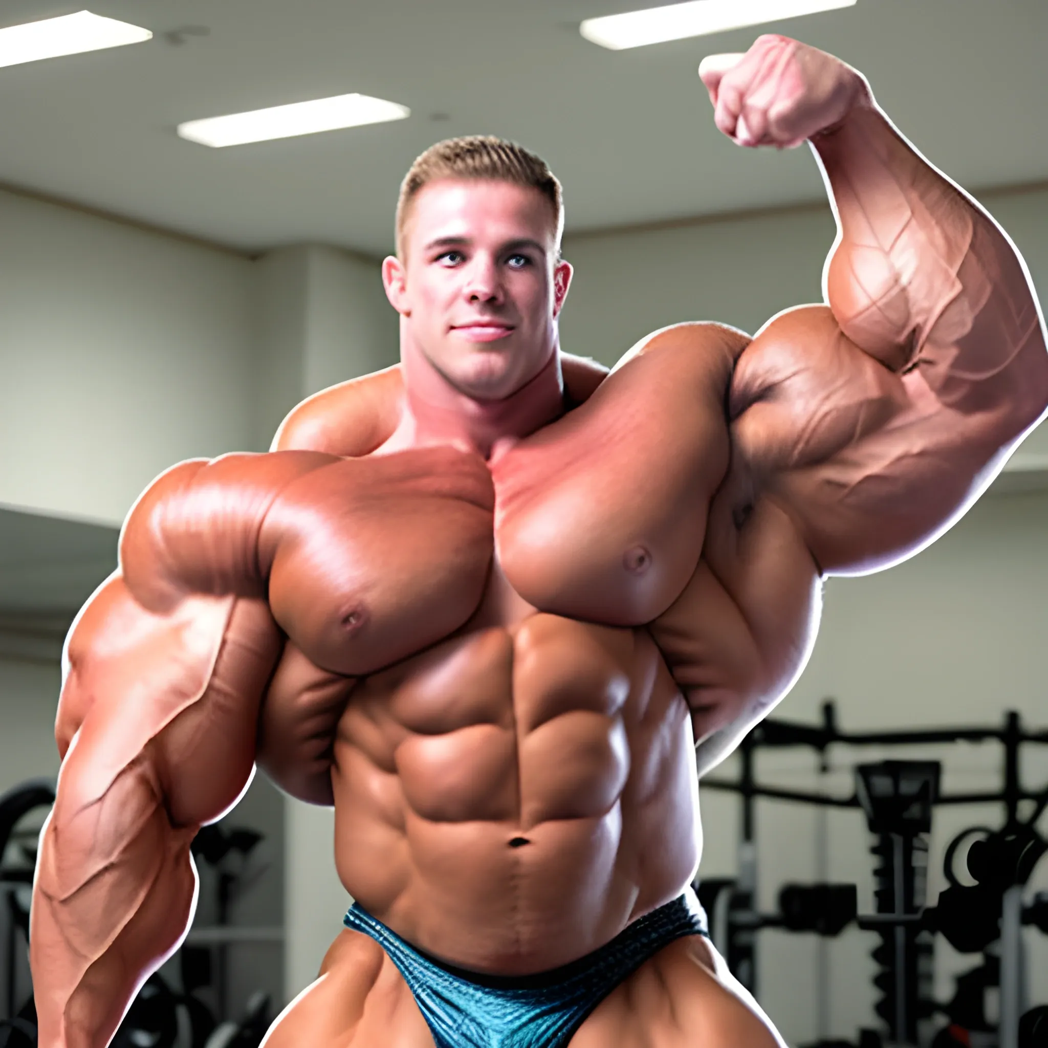 3-meter tall bodybuilder with a beautiful muscle morph, flex their massive 3000 lbs,  


