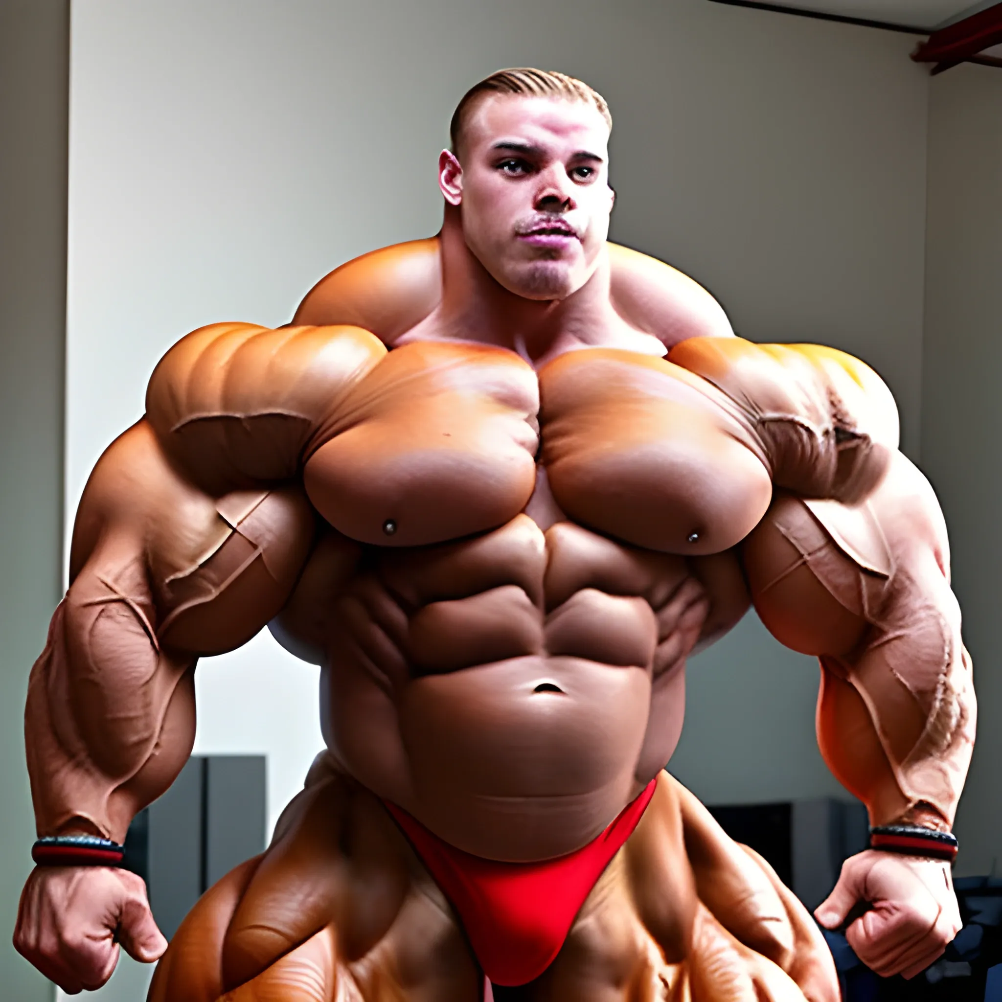 3-meter tall bodybuilder with a beautiful muscle morph, flex their massive 3000 lbs,  


