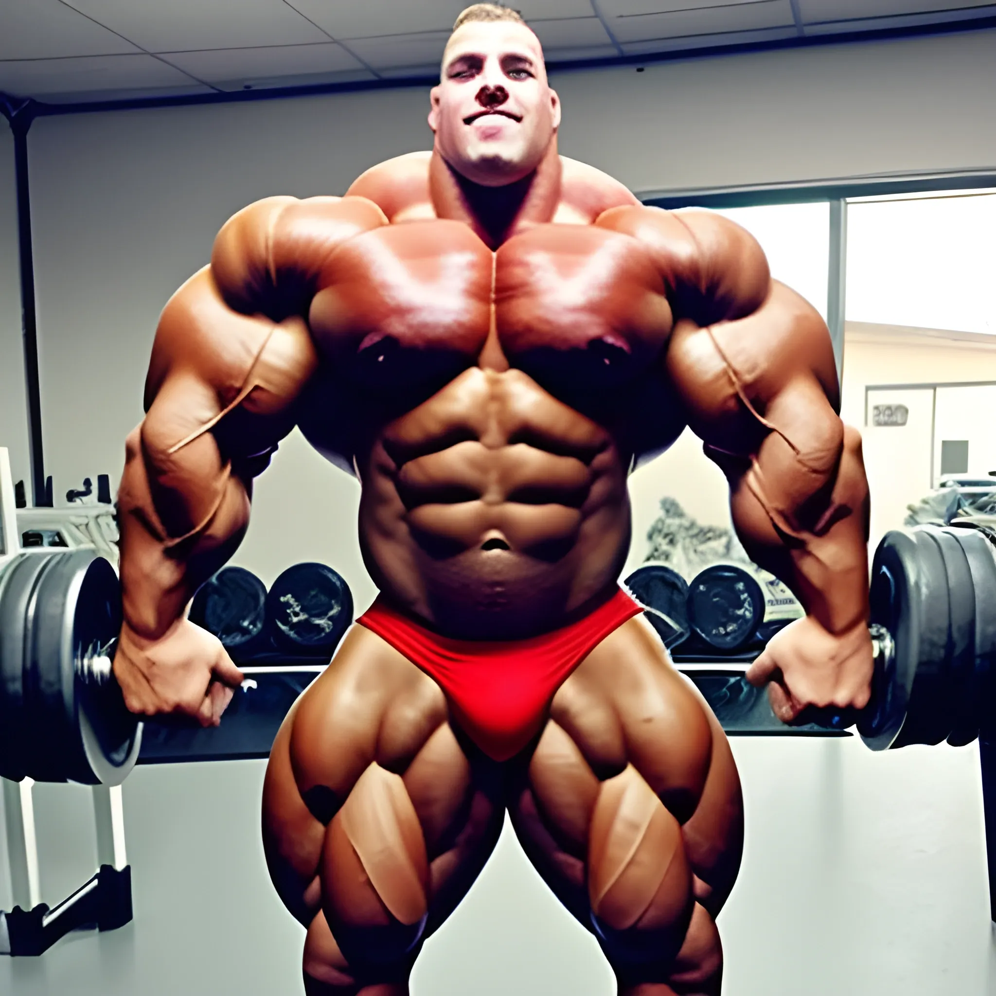 3-meter tall bodybuilder with a beautiful muscle morph, flex their massive 3000 lbs,  


