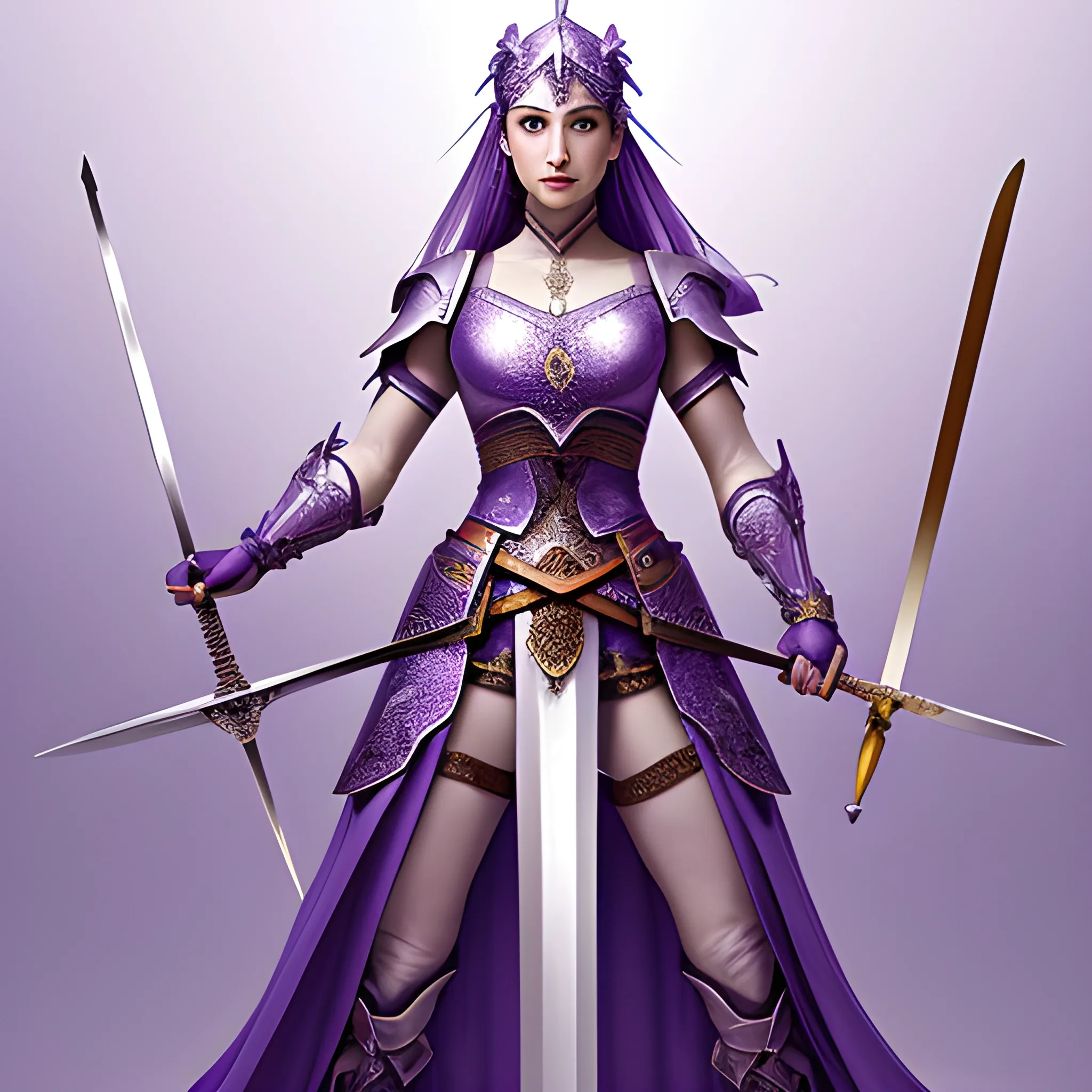 a woman holding swords and standing next to a sword, in the style of light purple and light indigo, 2d, dark white and light amber, dignified poses, li-core, group material, azure